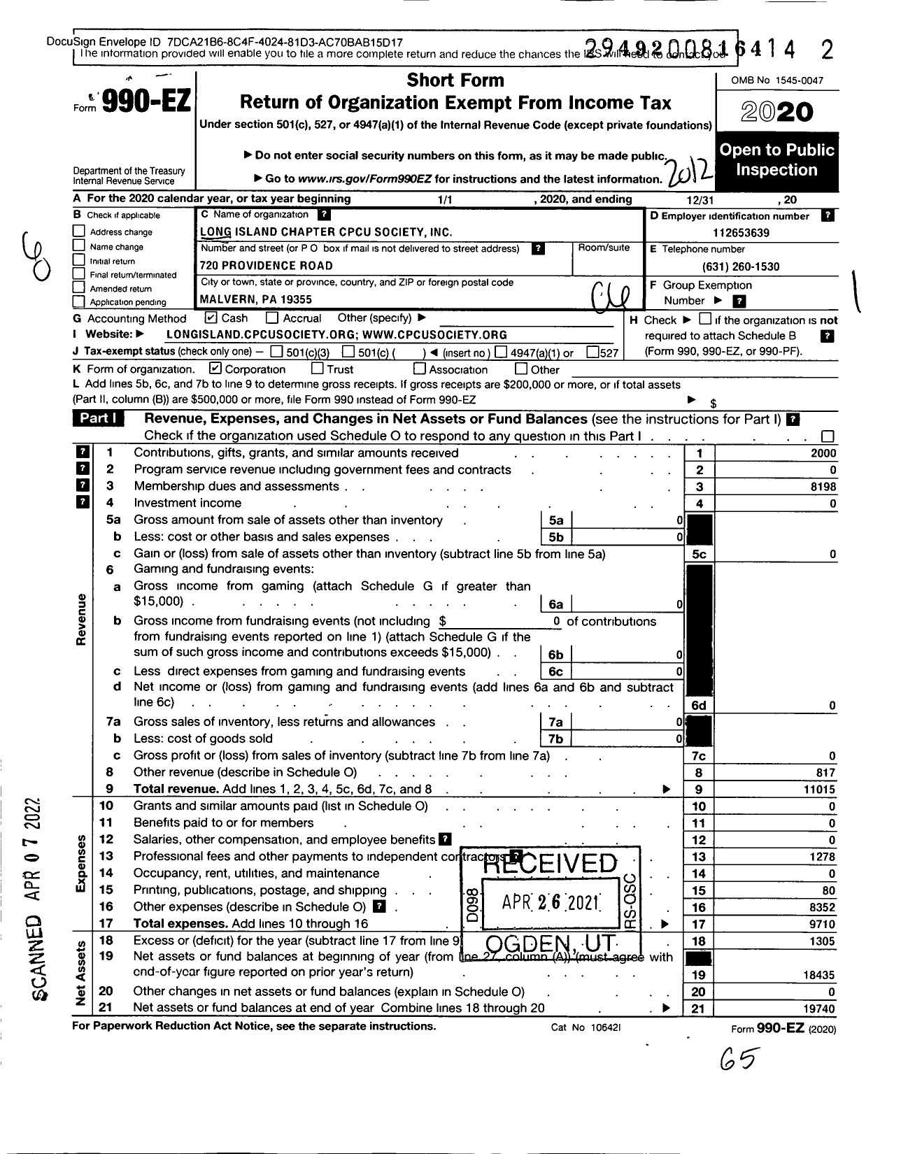 Image of first page of 2020 Form 990EO for Long Island Cpcu Society Chapter