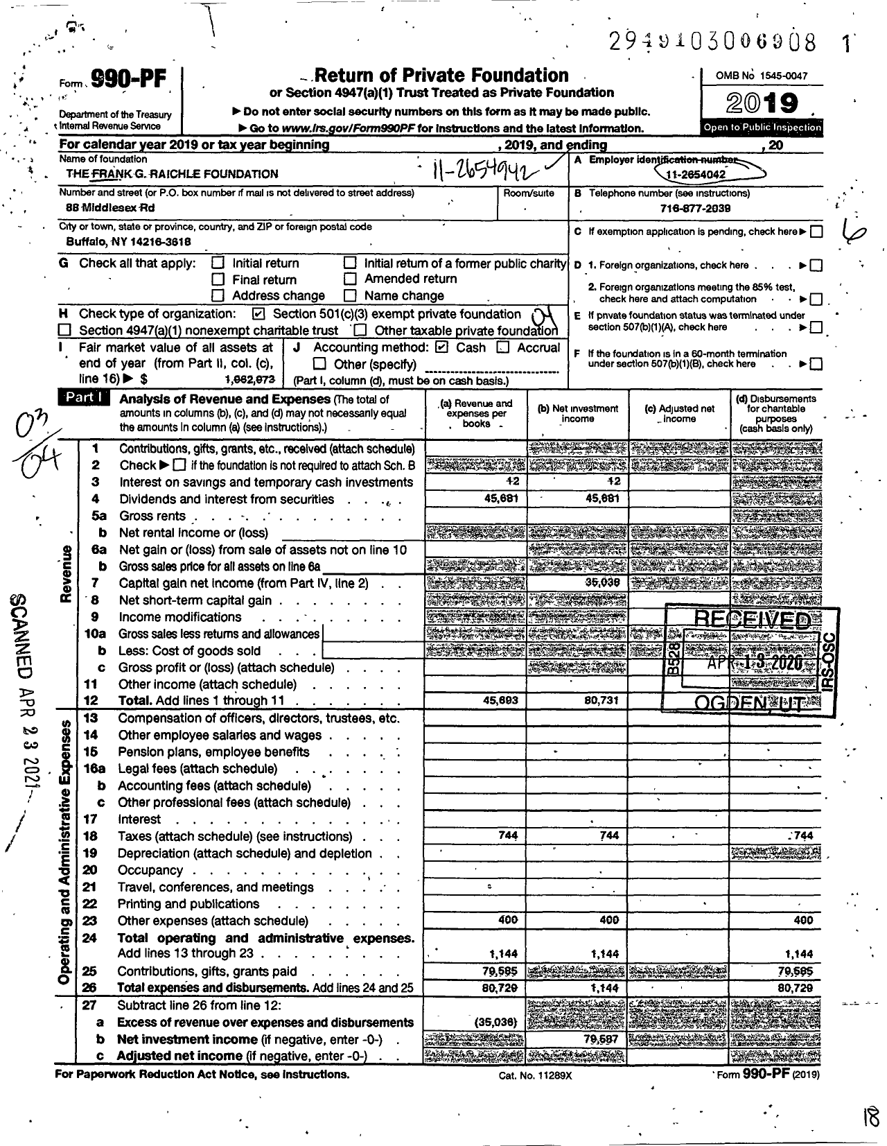 Image of first page of 2019 Form 990PF for The Frank G Raichle Foundation