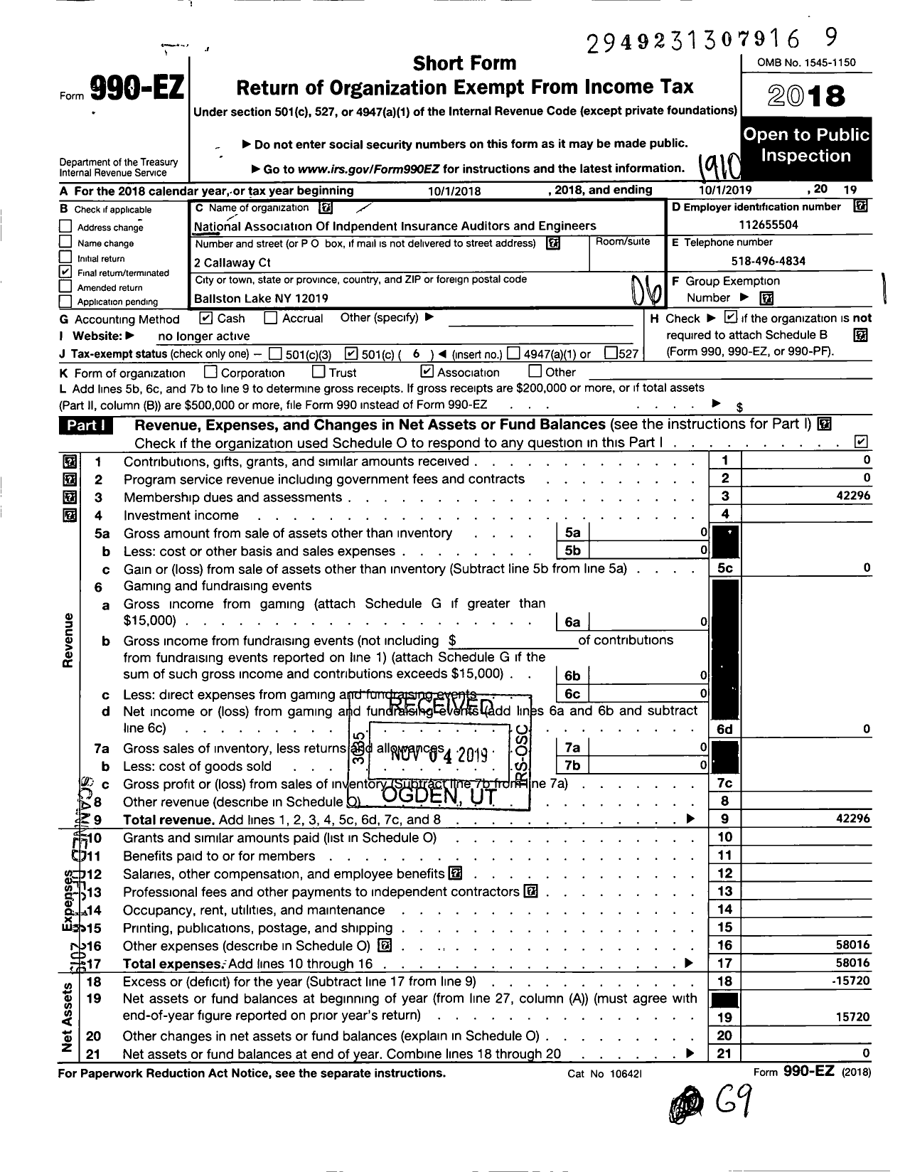 Image of first page of 2018 Form 990EO for National Association of Independent Insurance Auditors and Engineers
