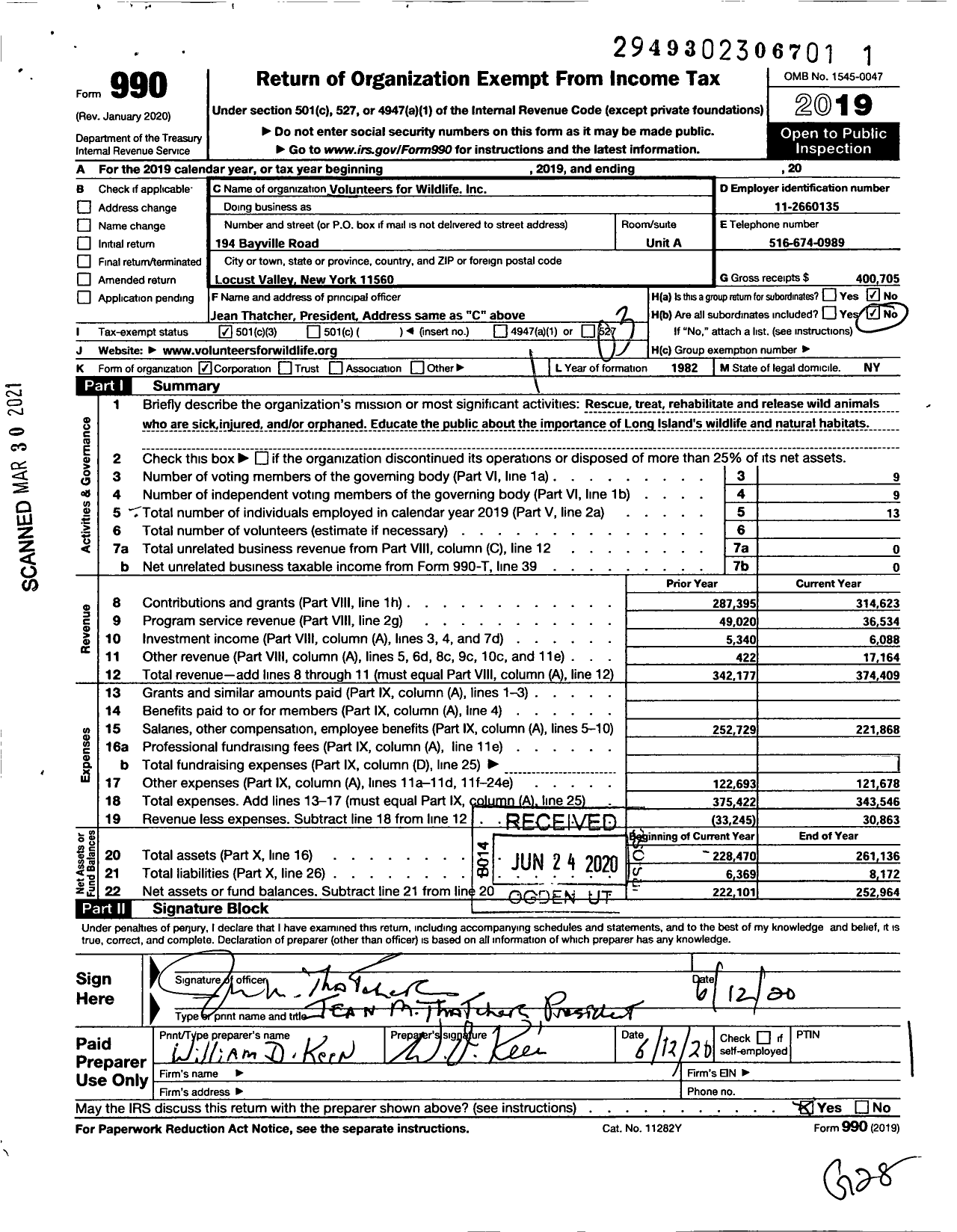 Image of first page of 2019 Form 990 for Wildlife Center of Long Island