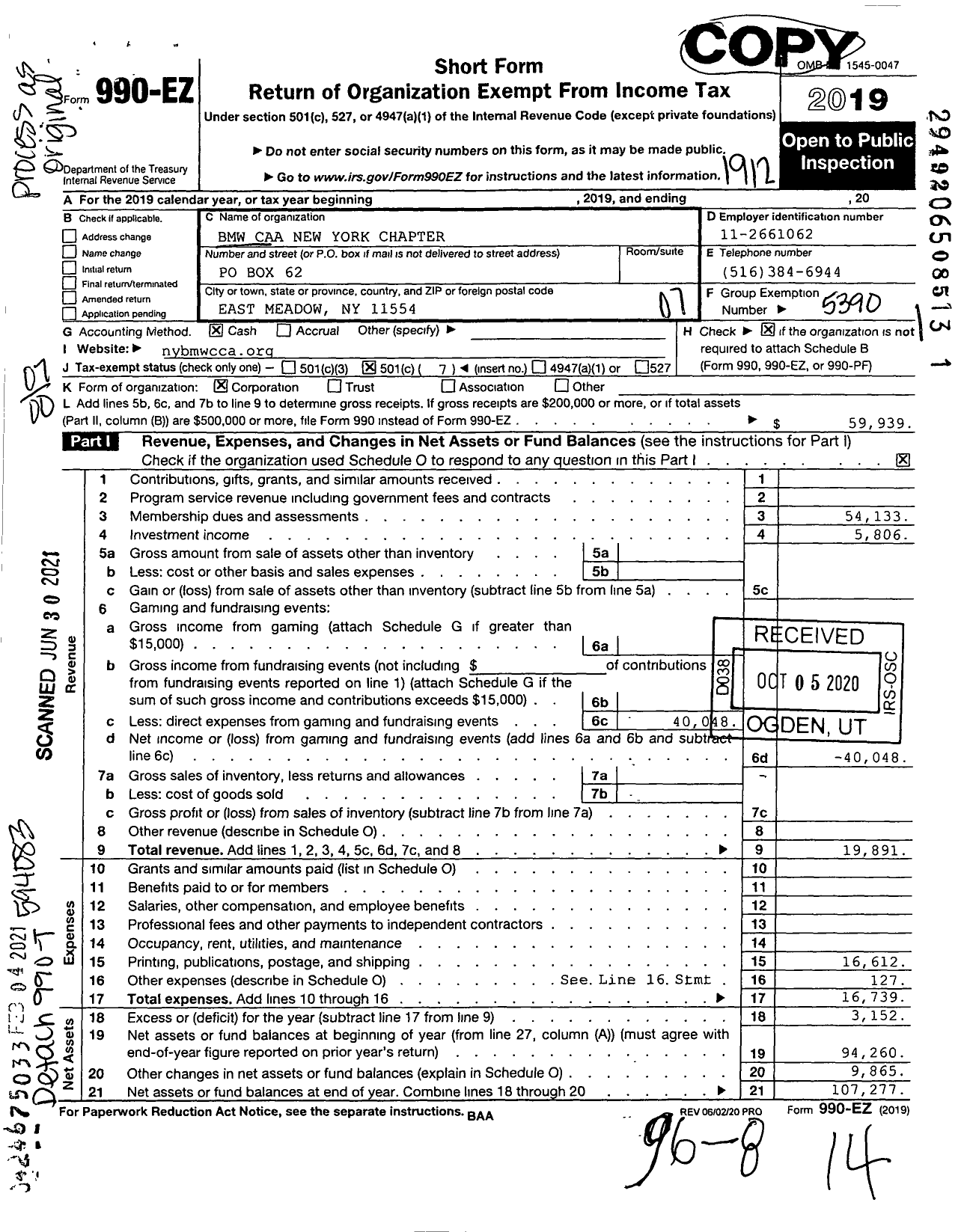 Image of first page of 2019 Form 990EO for BMW Car Club of America New York Chapter