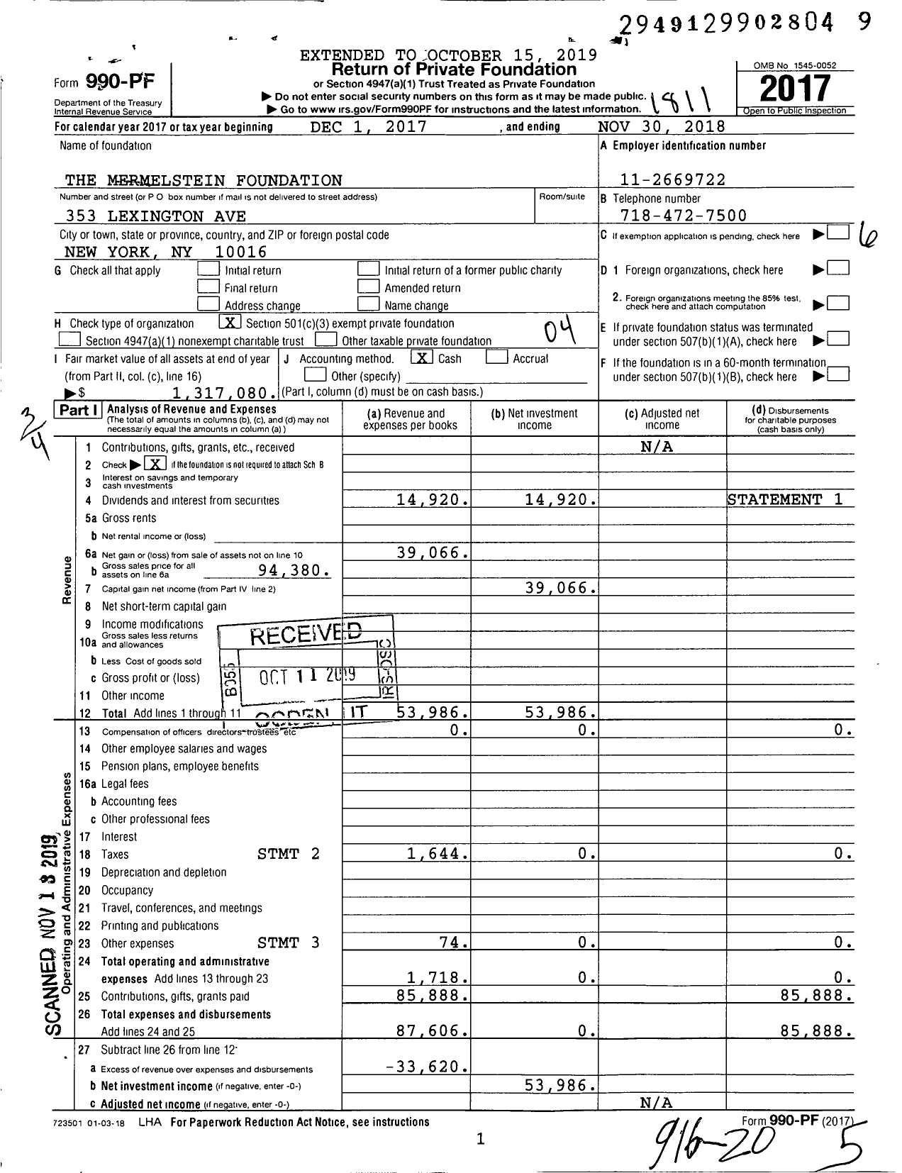 Image of first page of 2017 Form 990PF for The Mermelstein Foundation