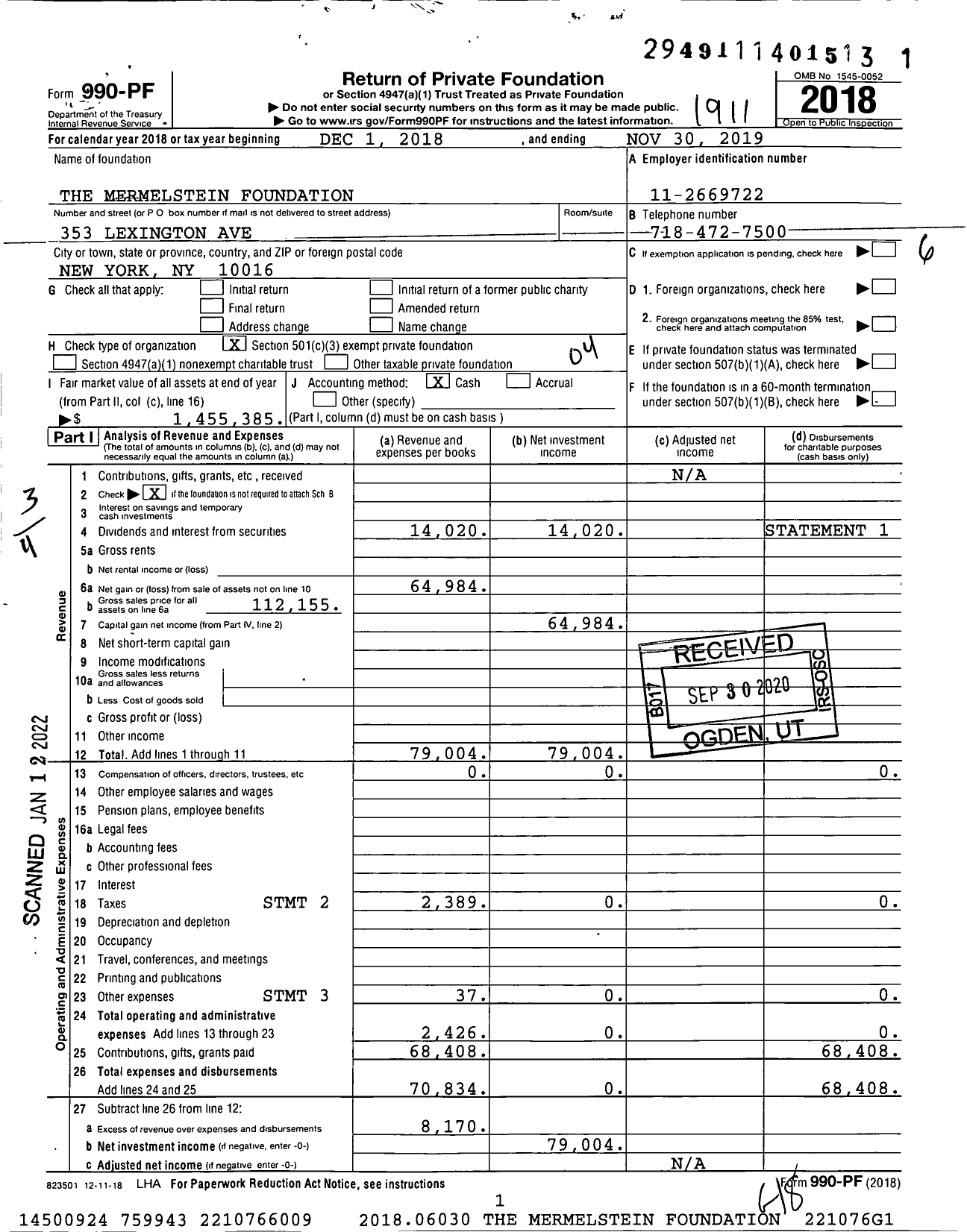 Image of first page of 2018 Form 990PF for The Mermelstein Foundation