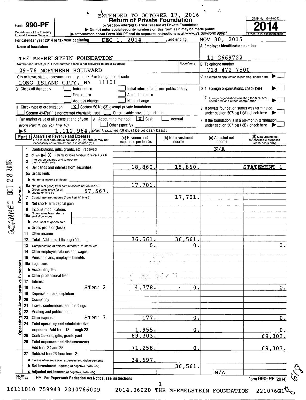 Image of first page of 2014 Form 990PF for The Mermelstein Foundation