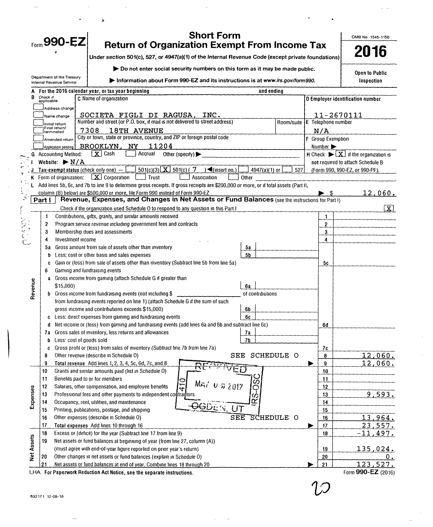 Image of first page of 2016 Form 990EO for Societa Figli de Ragusa