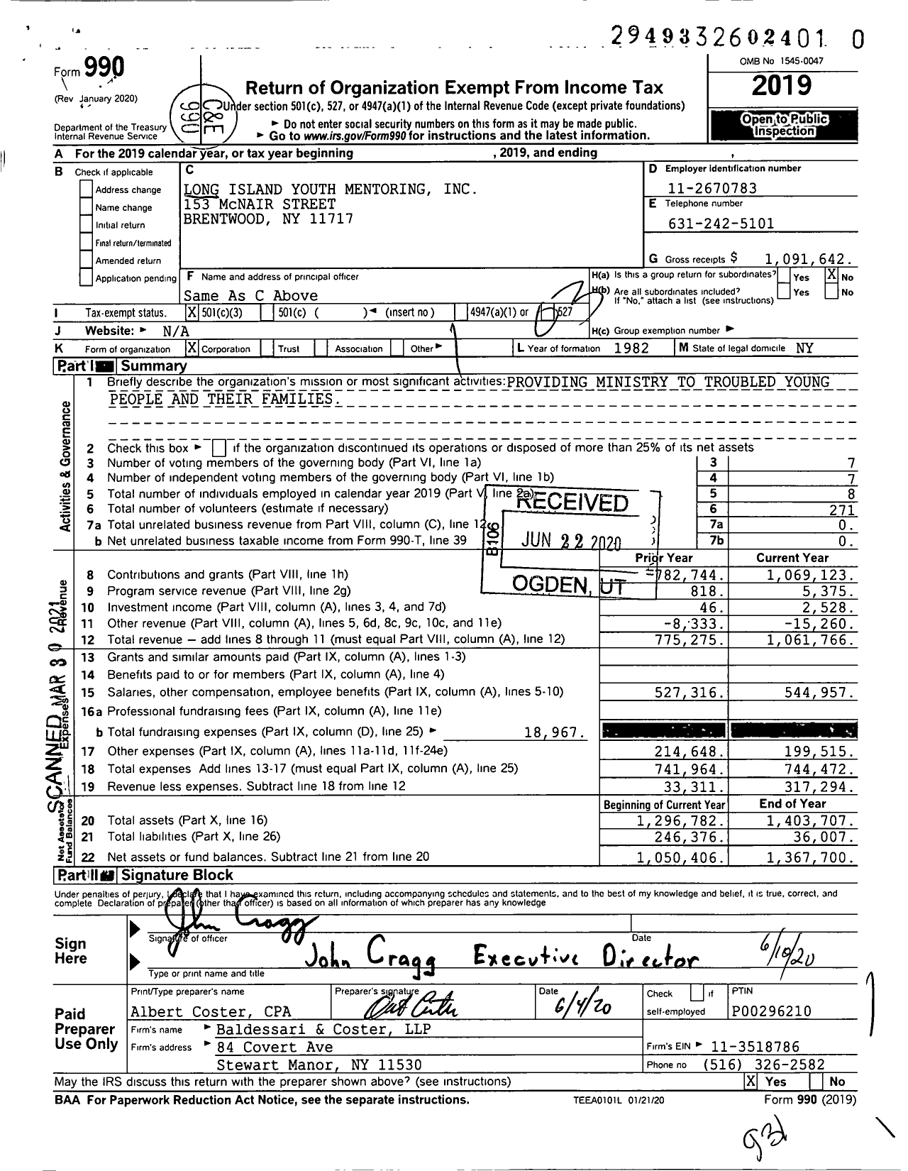 Image of first page of 2019 Form 990 for Long Island Youth Mentoring