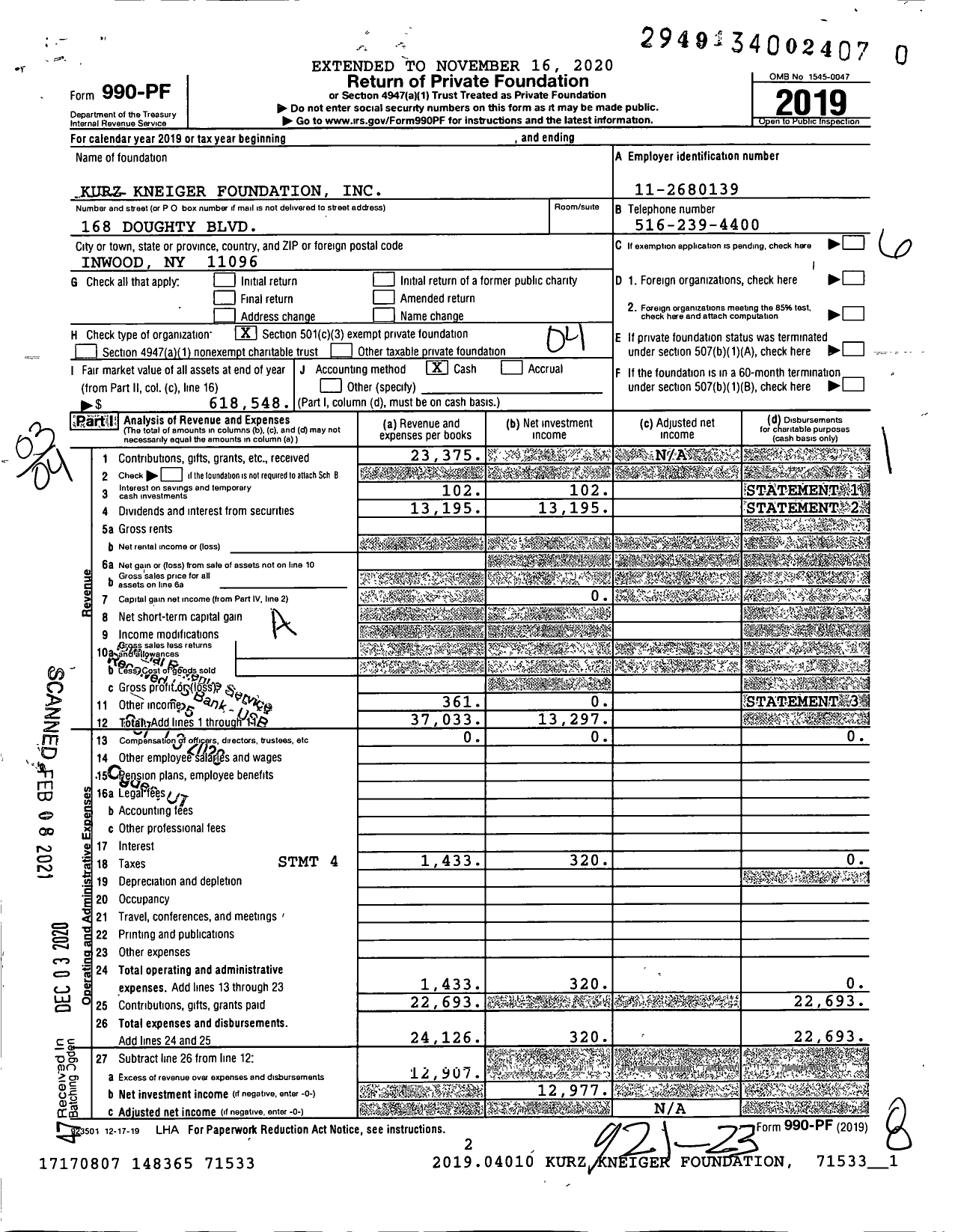 Image of first page of 2019 Form 990PF for Kurz Kneiger Foundation