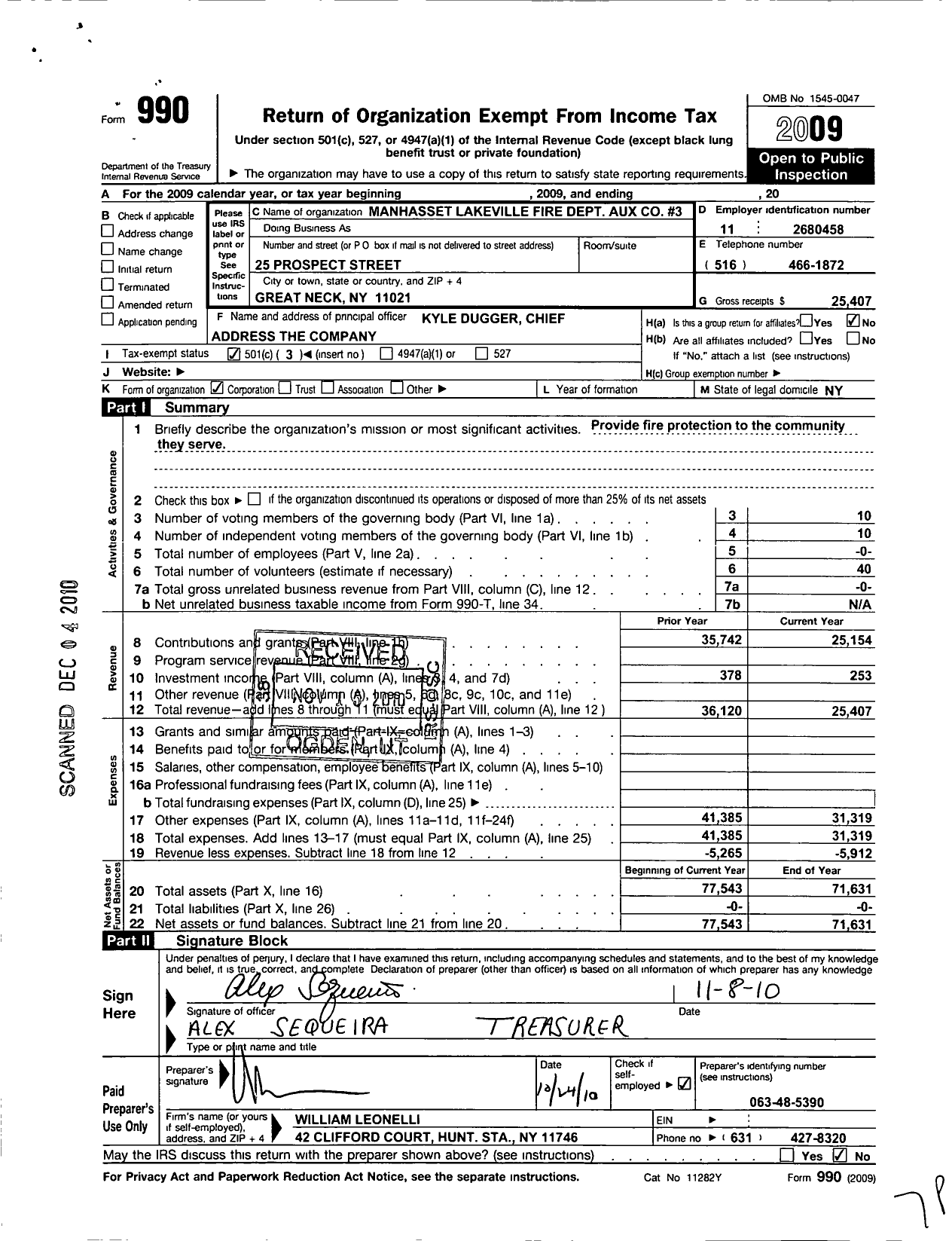 Image of first page of 2009 Form 990 for Manhasset Lakeville Fire Department Company No 3