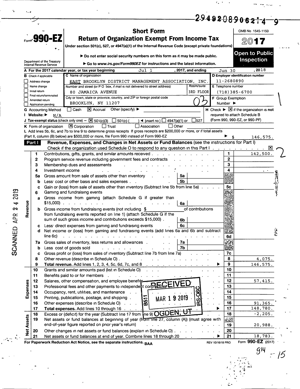 Image of first page of 2018 Form 990EZ for East Brooklyn District Management Association