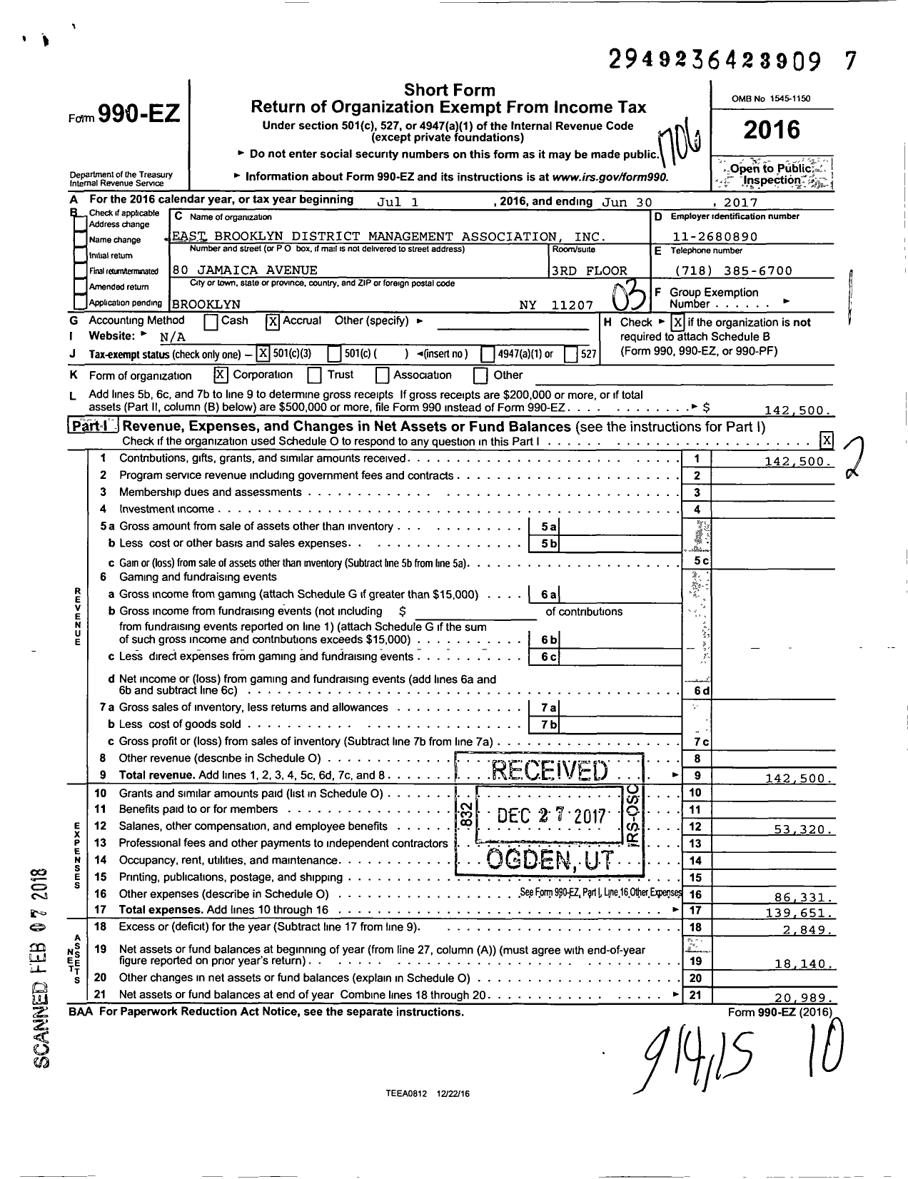 Image of first page of 2016 Form 990EZ for East Brooklyn District Management Association