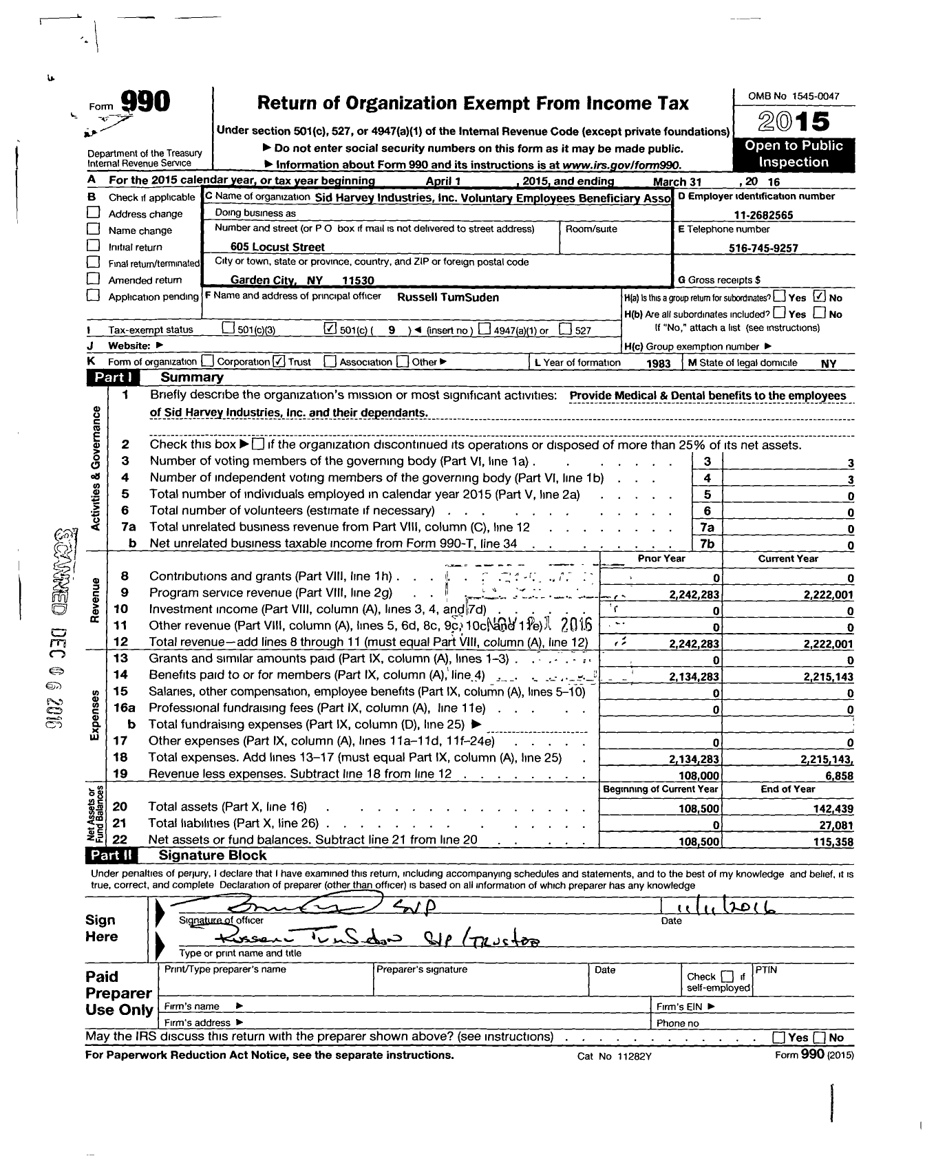 Image of first page of 2015 Form 990O for Sid Harvey Industries Voluntary Employees Beneficiary Ass