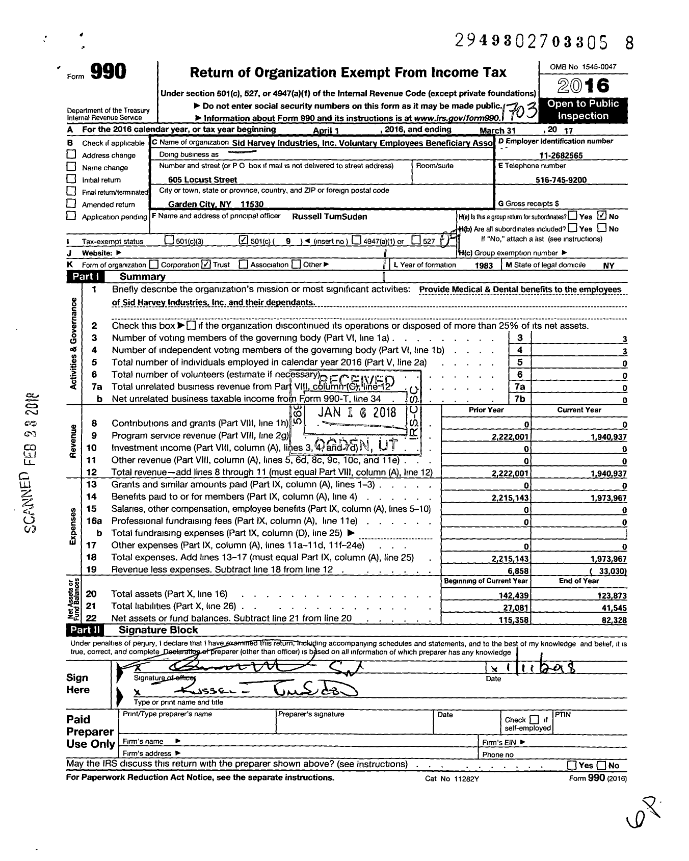 Image of first page of 2016 Form 990O for Sid Harvey Industries Voluntary Employees Beneficiary Ass