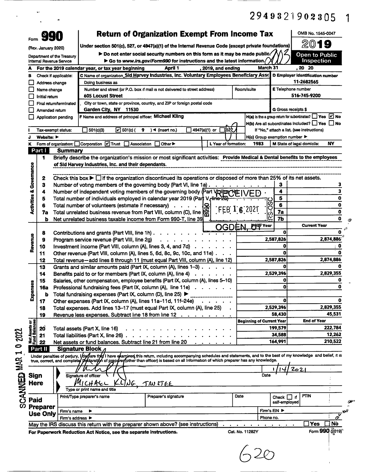 Image of first page of 2019 Form 990O for Sid Harvey Industries Voluntary Employees Beneficiary Ass