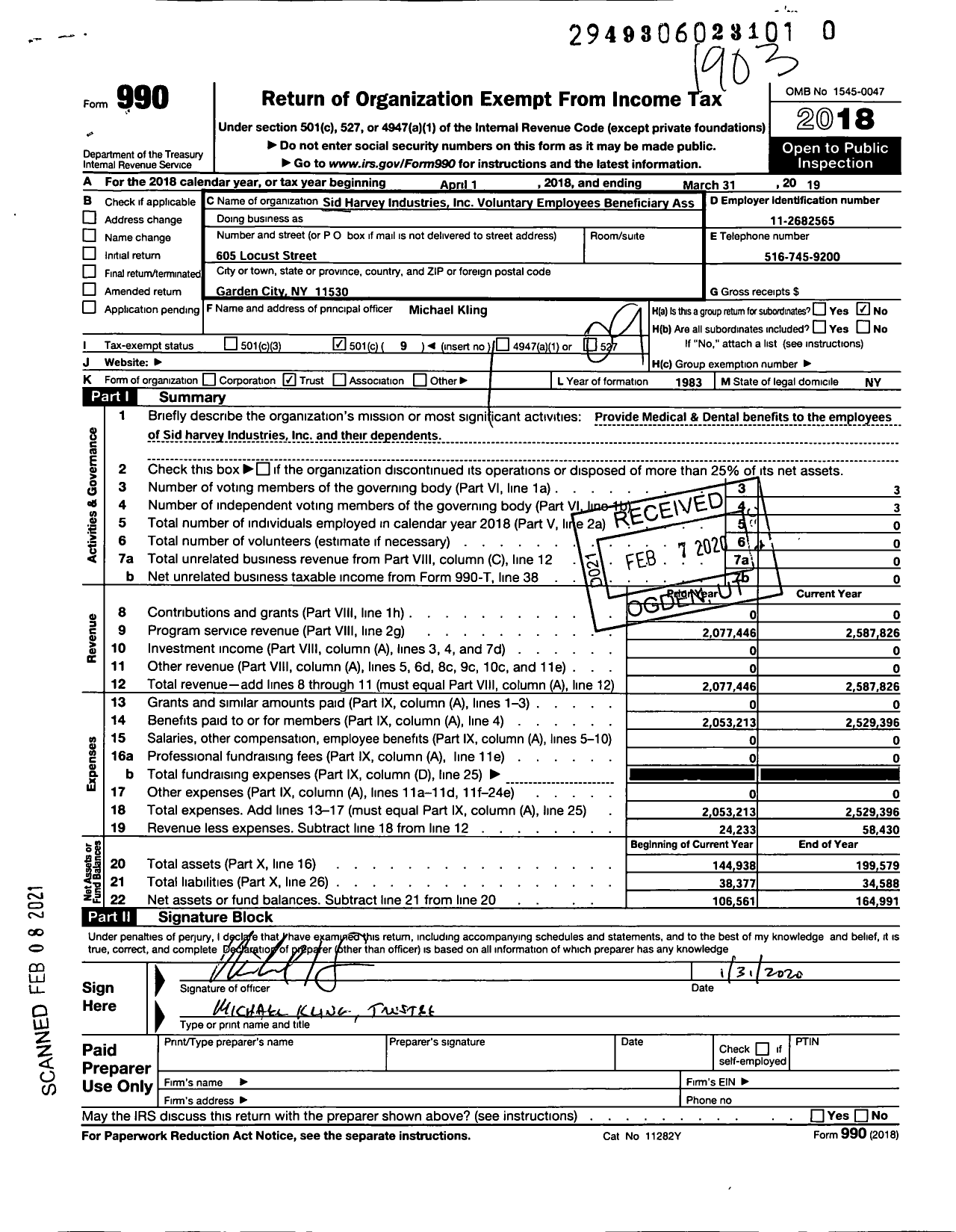 Image of first page of 2018 Form 990O for Sid Harvey Industries Voluntary Employees Beneficiary Ass