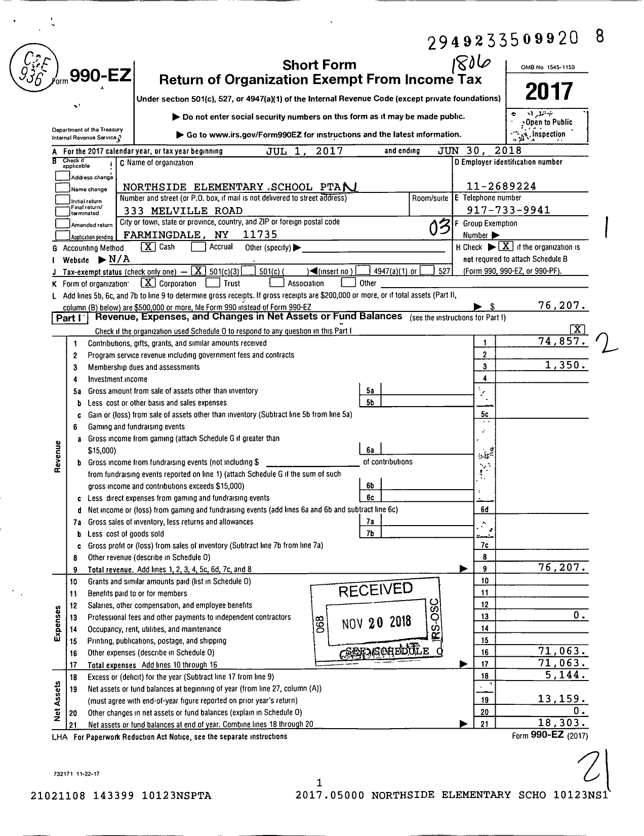 Image of first page of 2017 Form 990EZ for New York State PTA - 010-123 Northside Elem School PTA