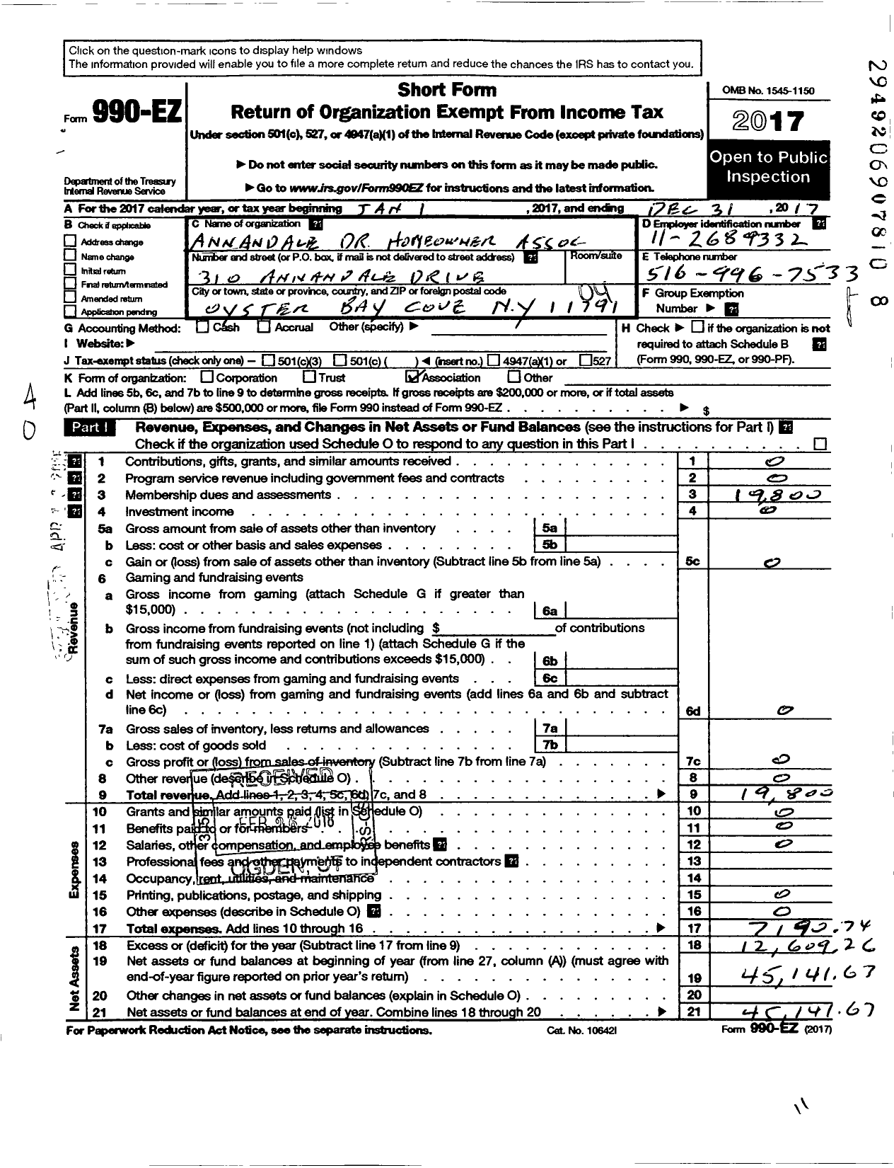 Image of first page of 2017 Form 990EO for Annandale Drive Homeowners Association