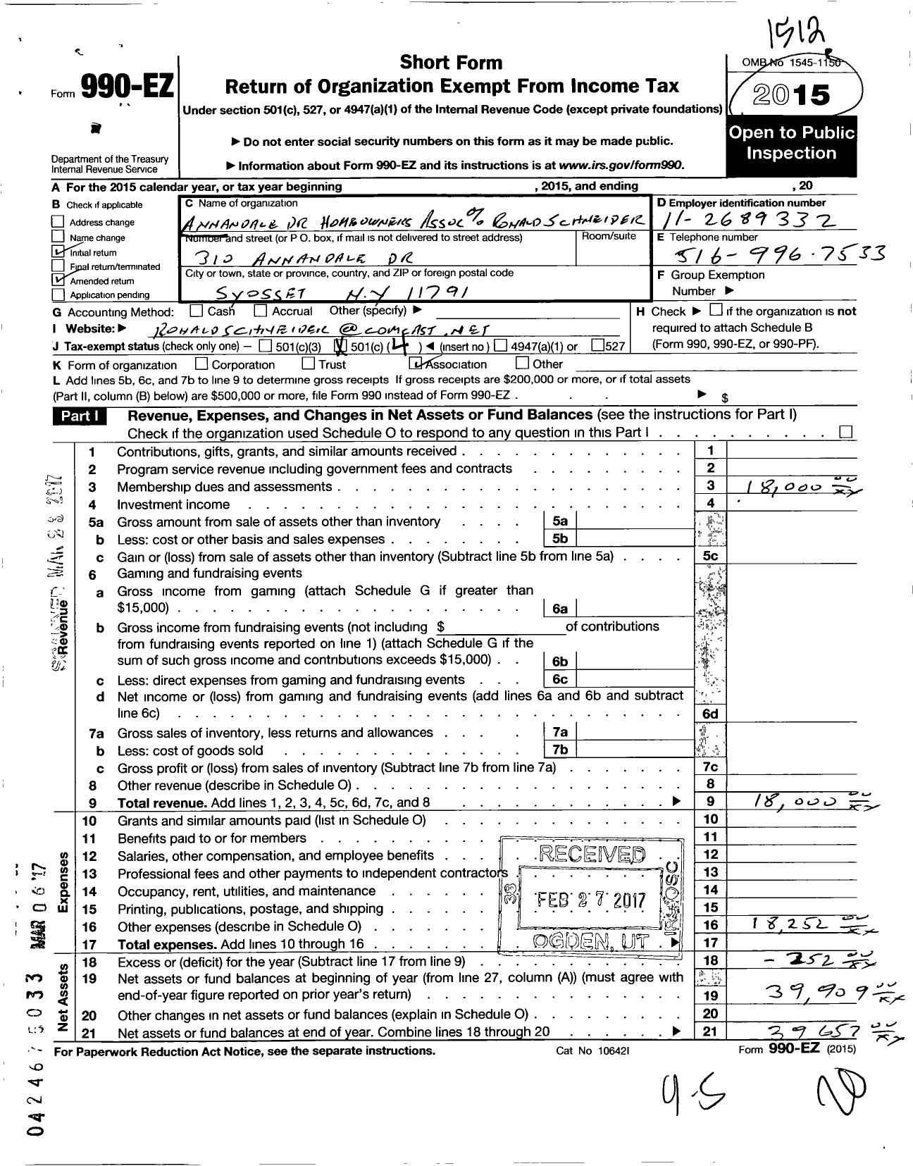 Image of first page of 2015 Form 990EO for Annandale Drive Homeowners Association