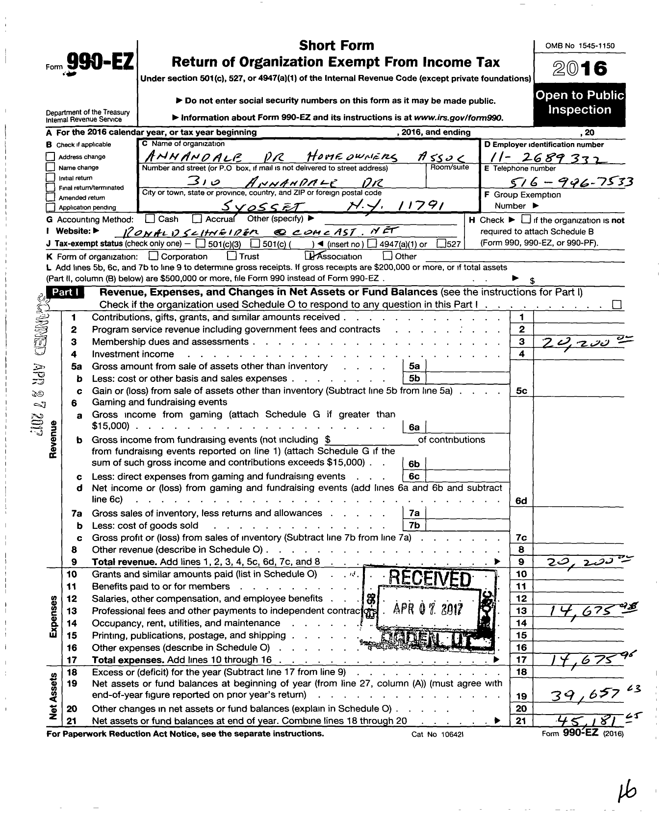 Image of first page of 2016 Form 990EO for Annandale Drive Homeowners Association