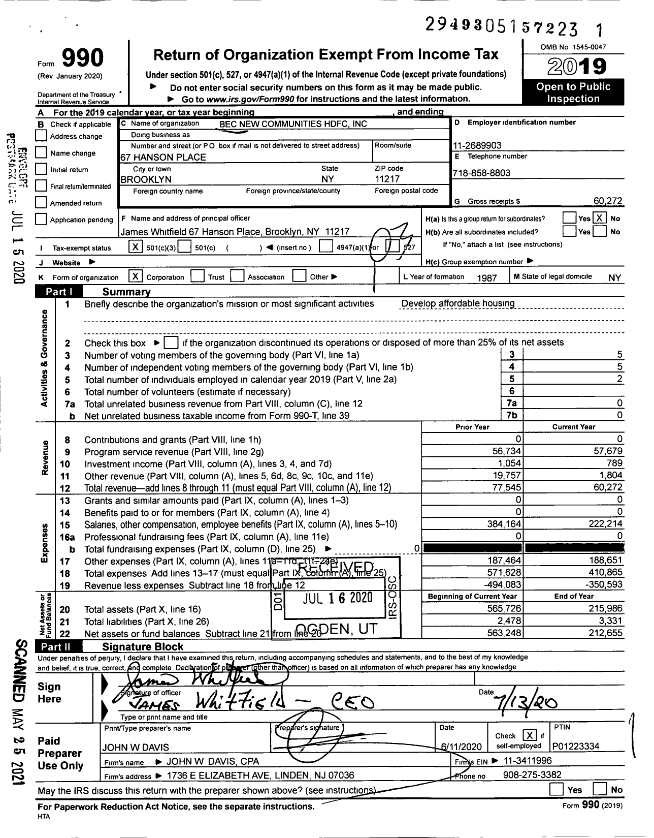 Image of first page of 2019 Form 990 for Bec New Communities HDFC