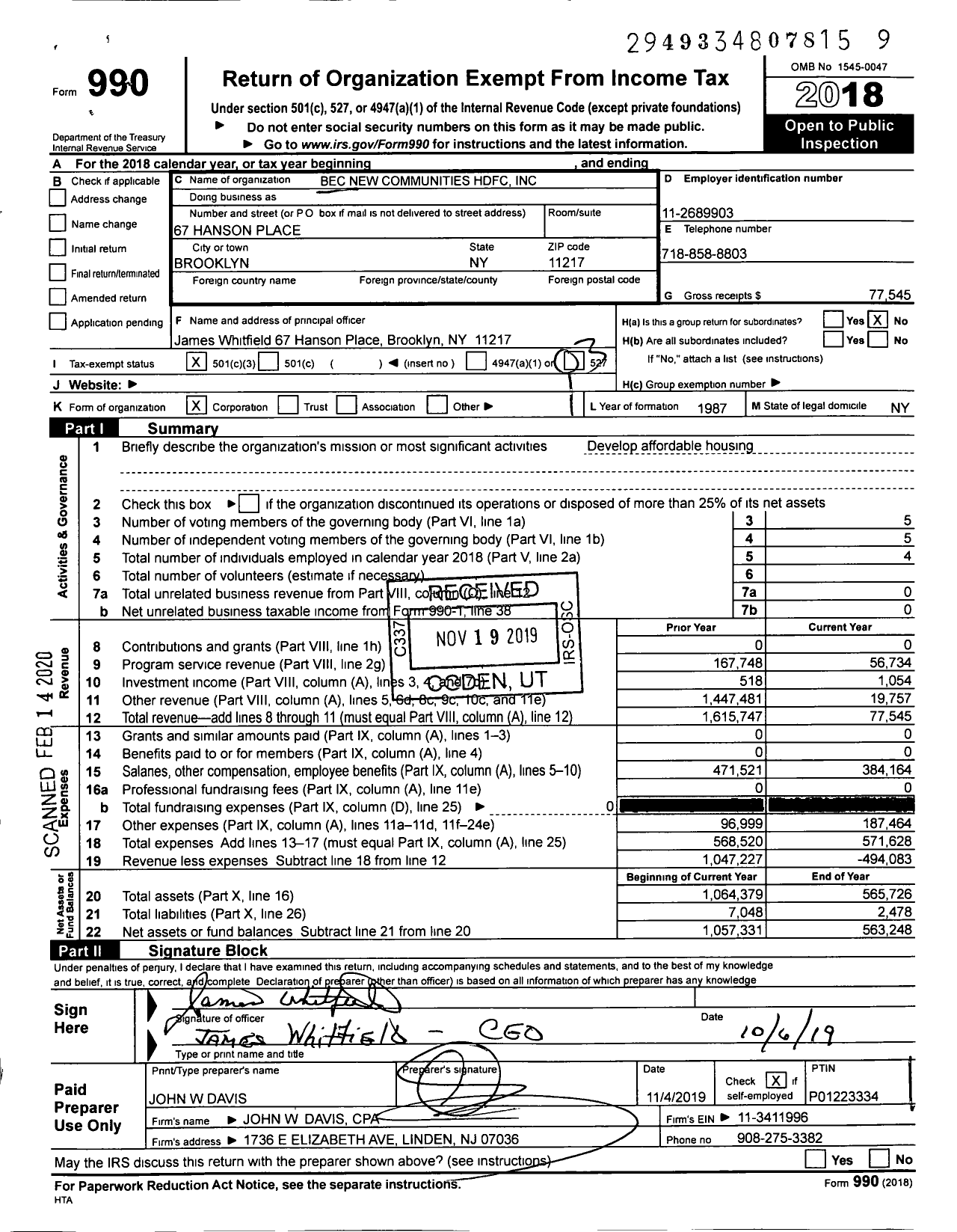 Image of first page of 2018 Form 990 for Bec New Communities HDFC