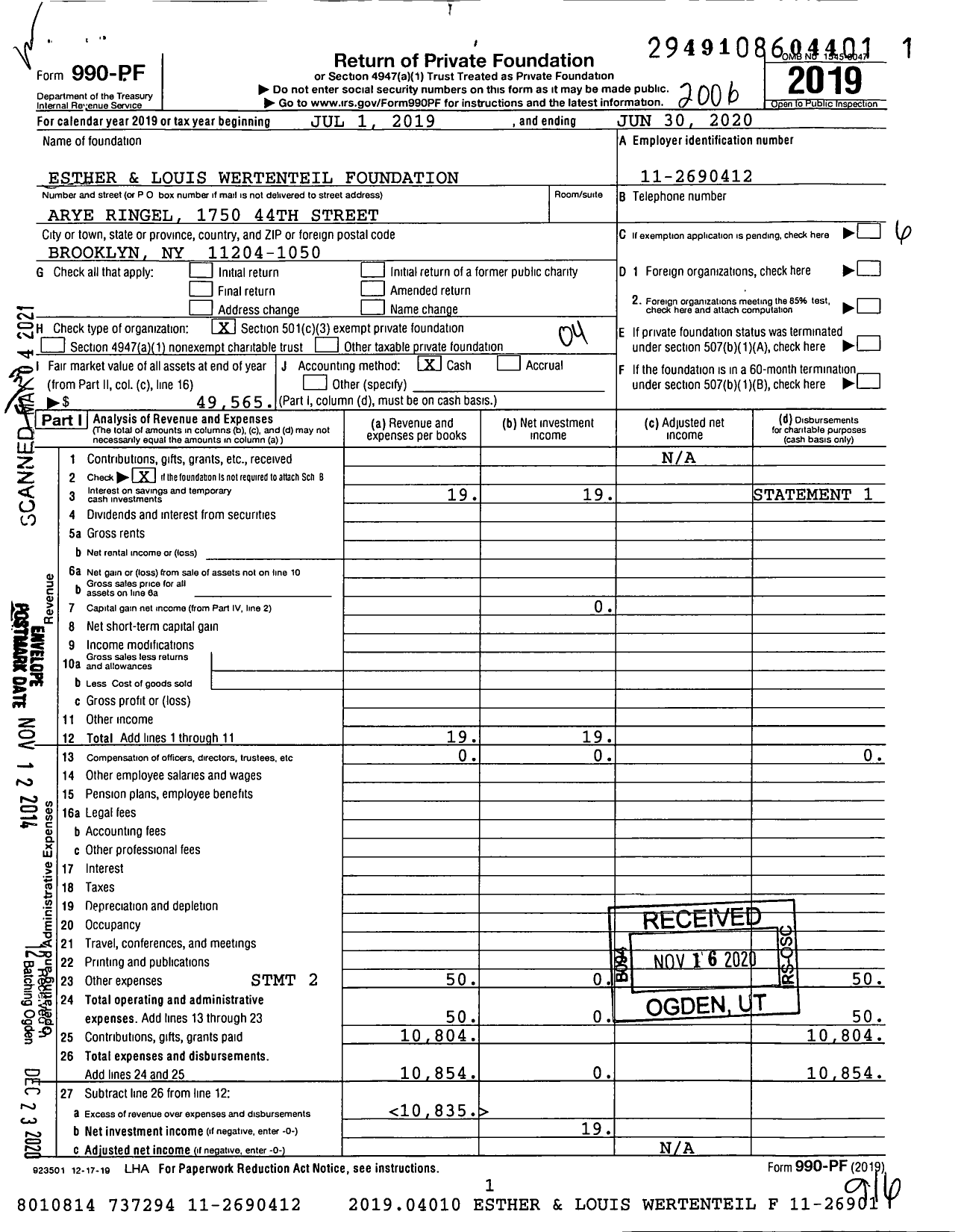 Image of first page of 2019 Form 990PF for Esther and Louis Wertenteil Foundation