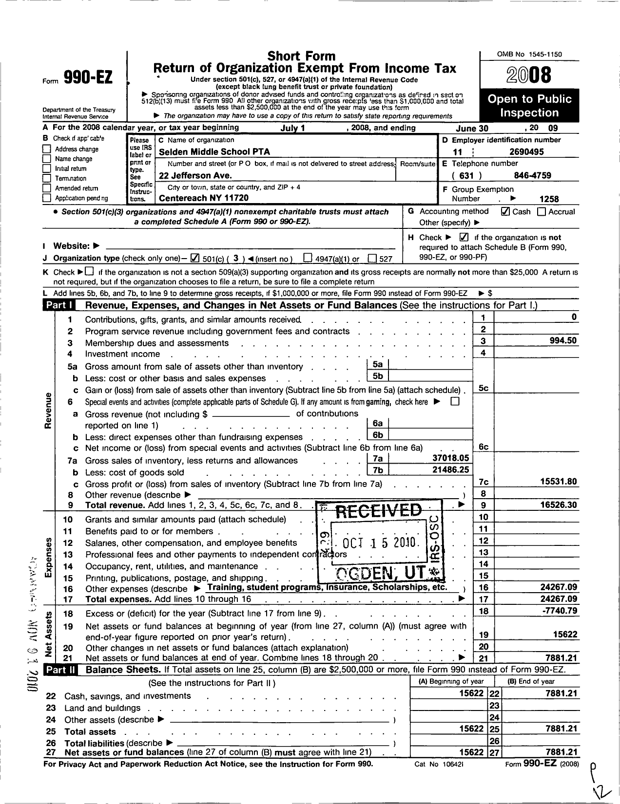Image of first page of 2008 Form 990EZ for New York State PTA - 005-324 Selden Middle School PTA