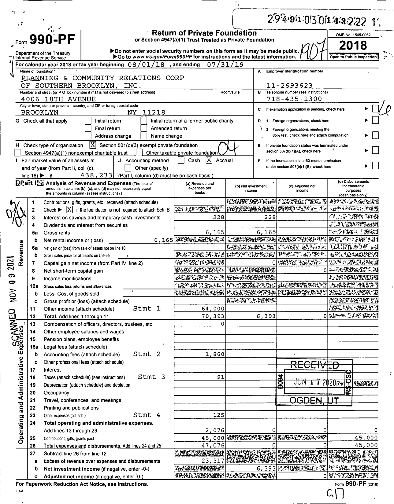 Image of first page of 2018 Form 990PF for Planning and Community Relations Corp of Southern Brooklyn