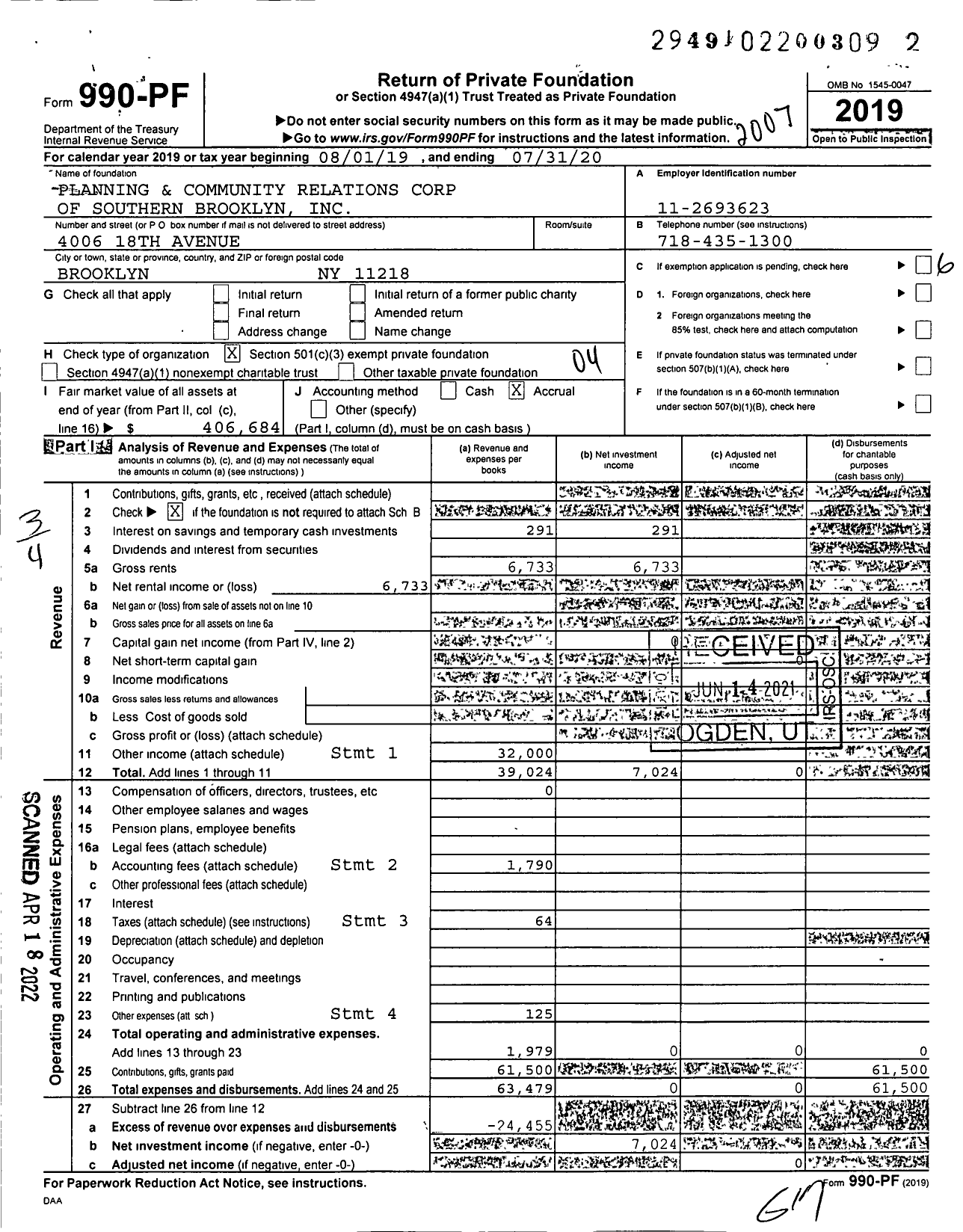 Image of first page of 2019 Form 990PF for Planning and Community Relations Corp of Southern Brooklyn