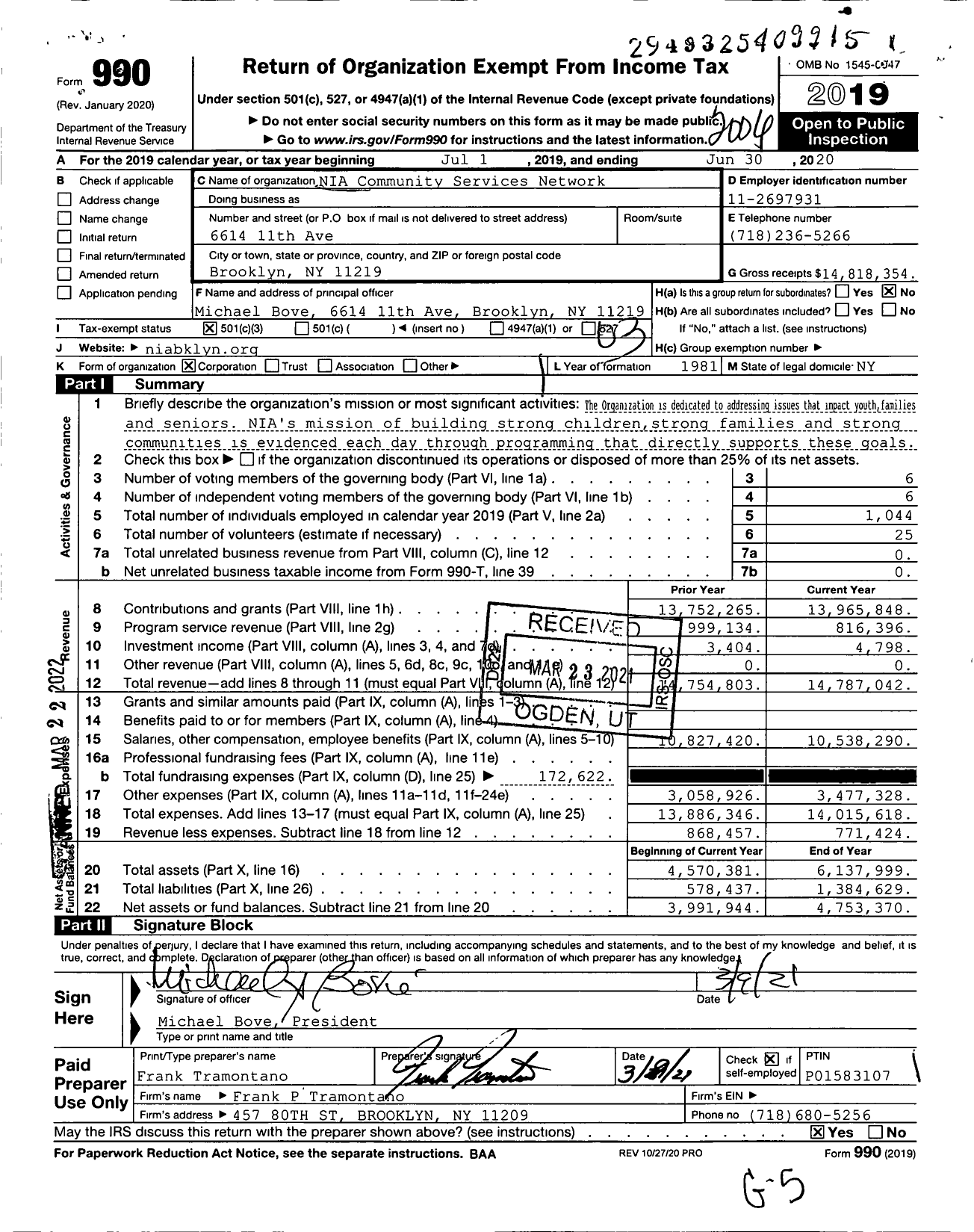 Image of first page of 2019 Form 990 for NIA Community Services Network