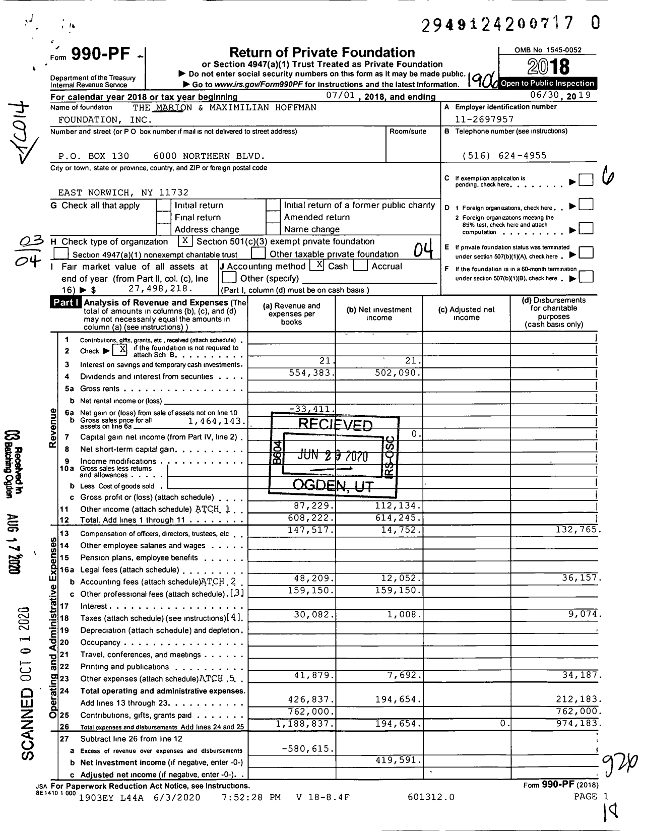 Image of first page of 2018 Form 990PR for The Marion and Maximilian Hoffman FOUNDATION