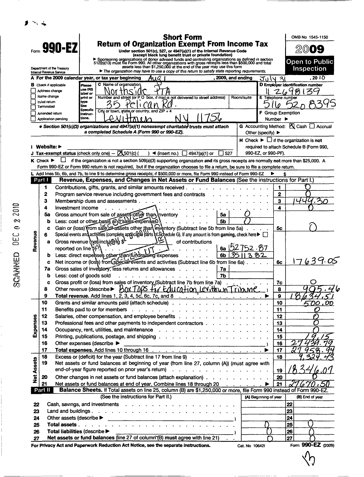 Image of first page of 2009 Form 990EO for New York State PTA - 010-197 Northside Elementary PTA