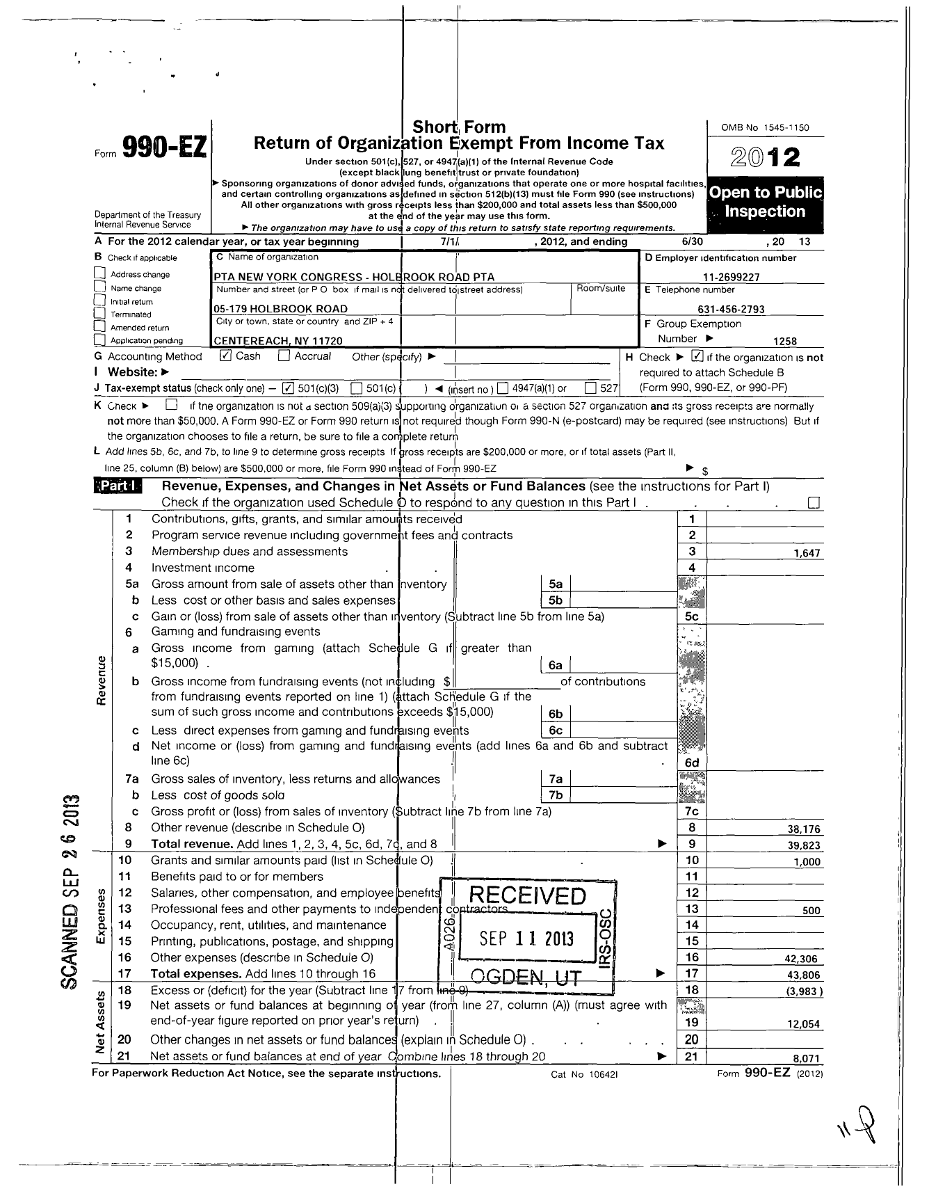 Image of first page of 2012 Form 990EZ for New York State PTA - 005-179 Holbrook Road PTA