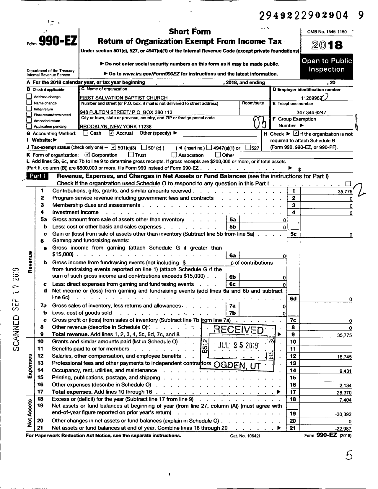 Image of first page of 2018 Form 990EZ for Salvation Baptist Church - 7389