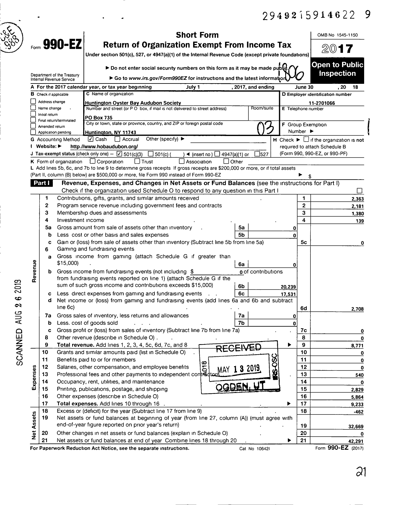 Image of first page of 2017 Form 990EZ for Huntington Oyster Bay Audubon Society