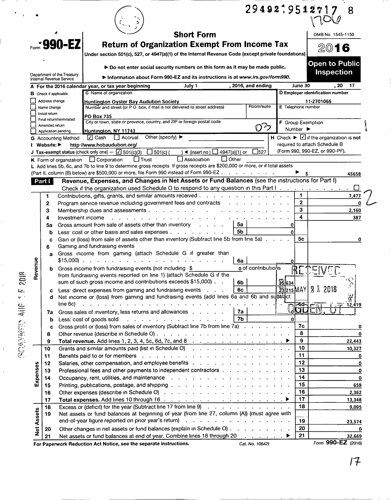 Image of first page of 2016 Form 990EZ for Huntington Oyster Bay Audubon Society