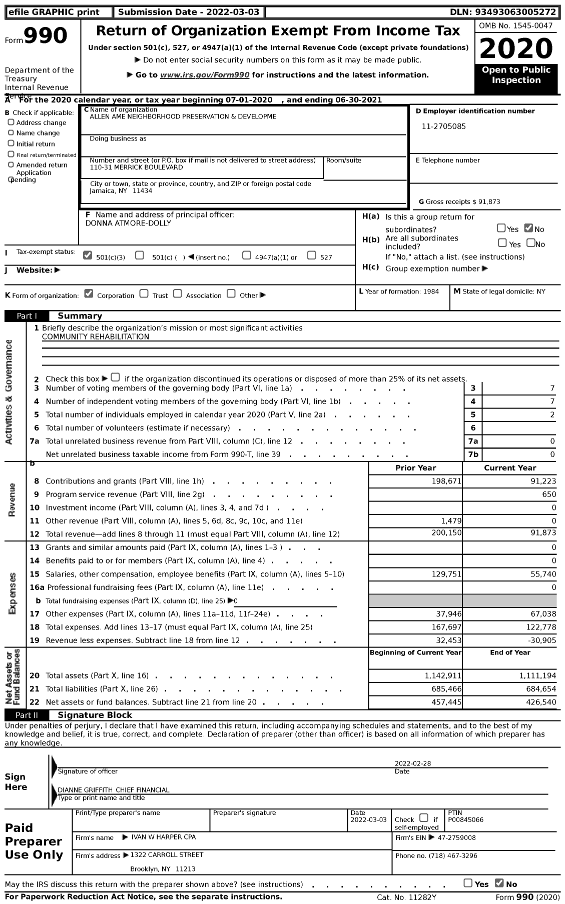 Image of first page of 2020 Form 990 for Allen Ame Neighborhood Preservation and Developme