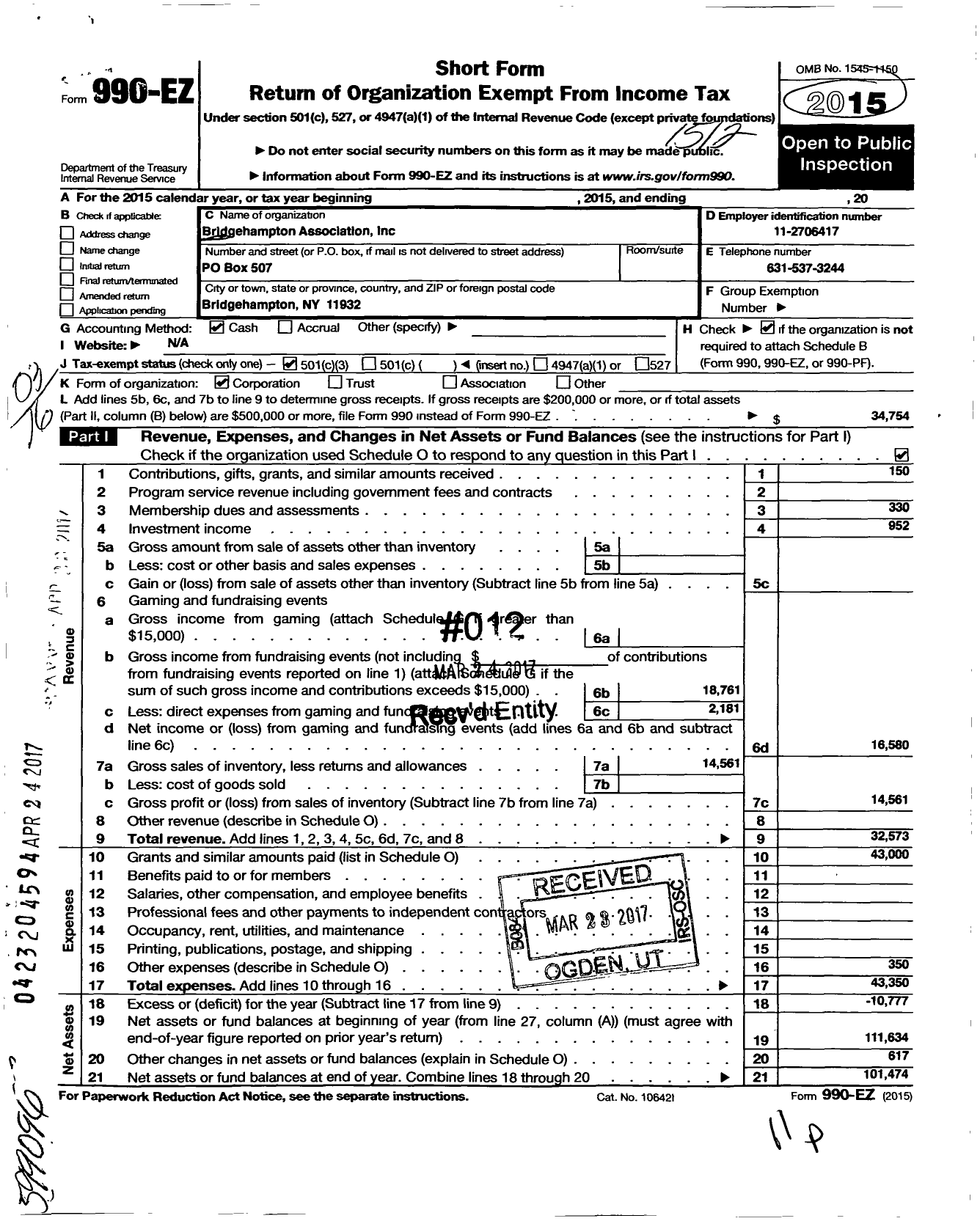 Image of first page of 2015 Form 990EZ for Bridgehampton Association