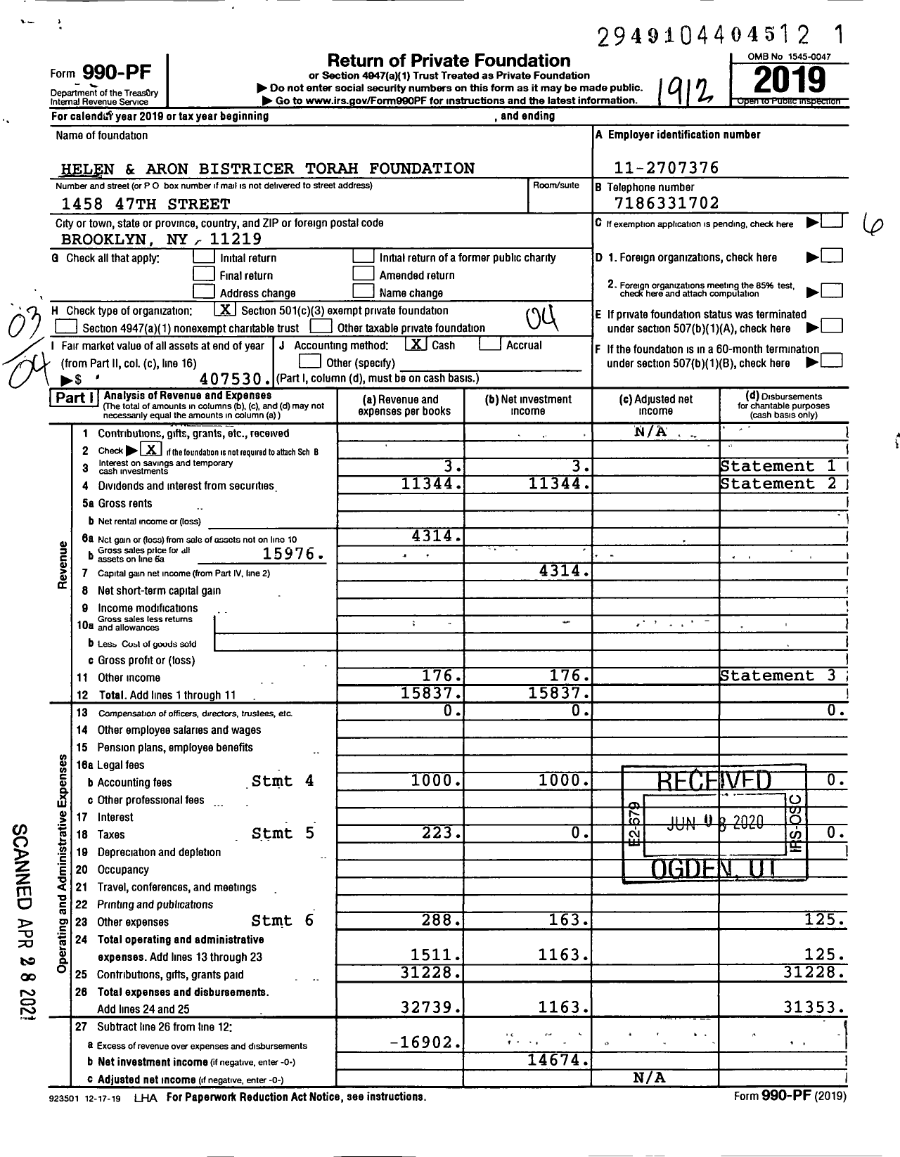 Image of first page of 2019 Form 990PF for Helen and Aron Bistricer Torah Foundation