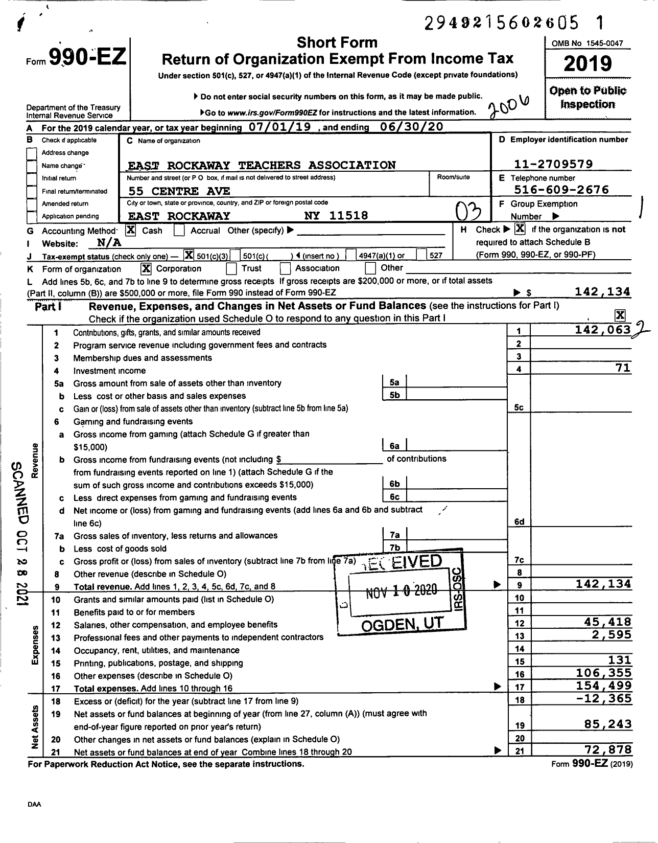 Image of first page of 2019 Form 990EZ for American Federation of Teachers - 2622 East Rockaway Teachers Assoc