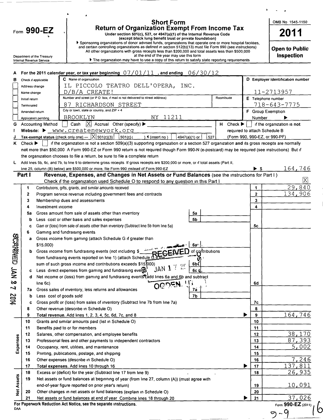 Image of first page of 2011 Form 990EZ for Il Piccolo Teatro Dell Opera