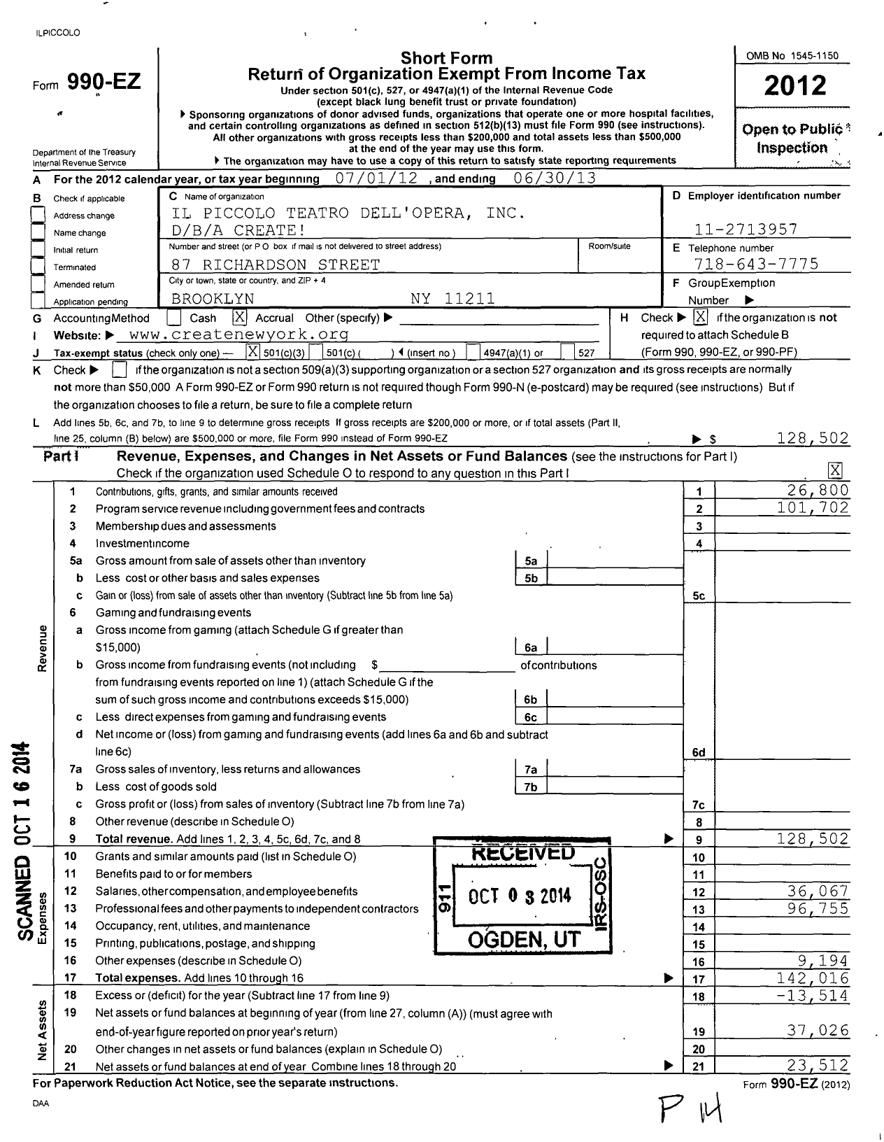 Image of first page of 2012 Form 990EZ for Il Piccolo Teatro Dell Opera