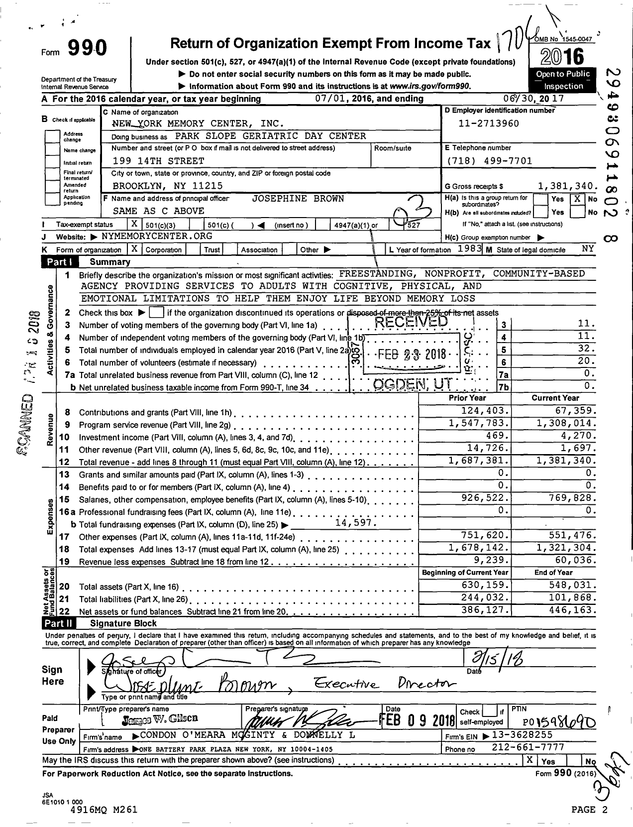 Image of first page of 2016 Form 990 for New York Memory Center