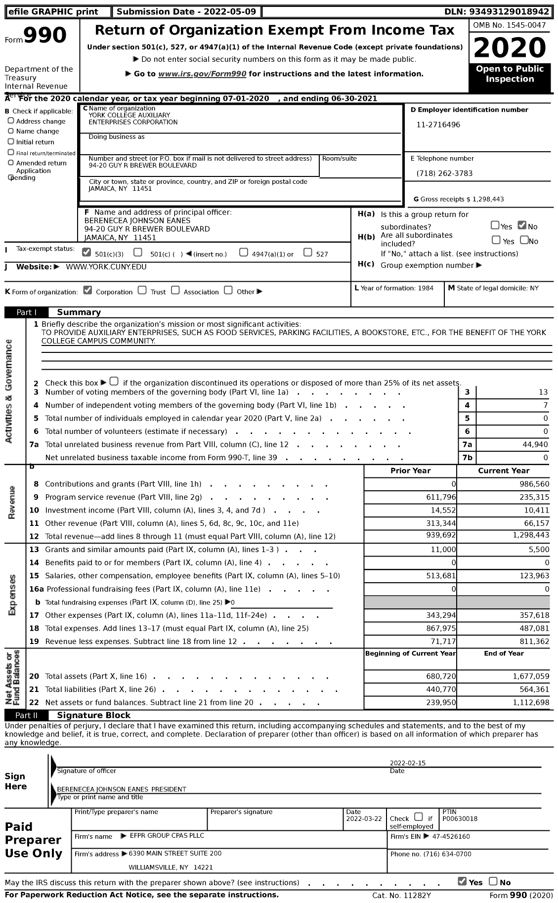 Image of first page of 2020 Form 990 for York College