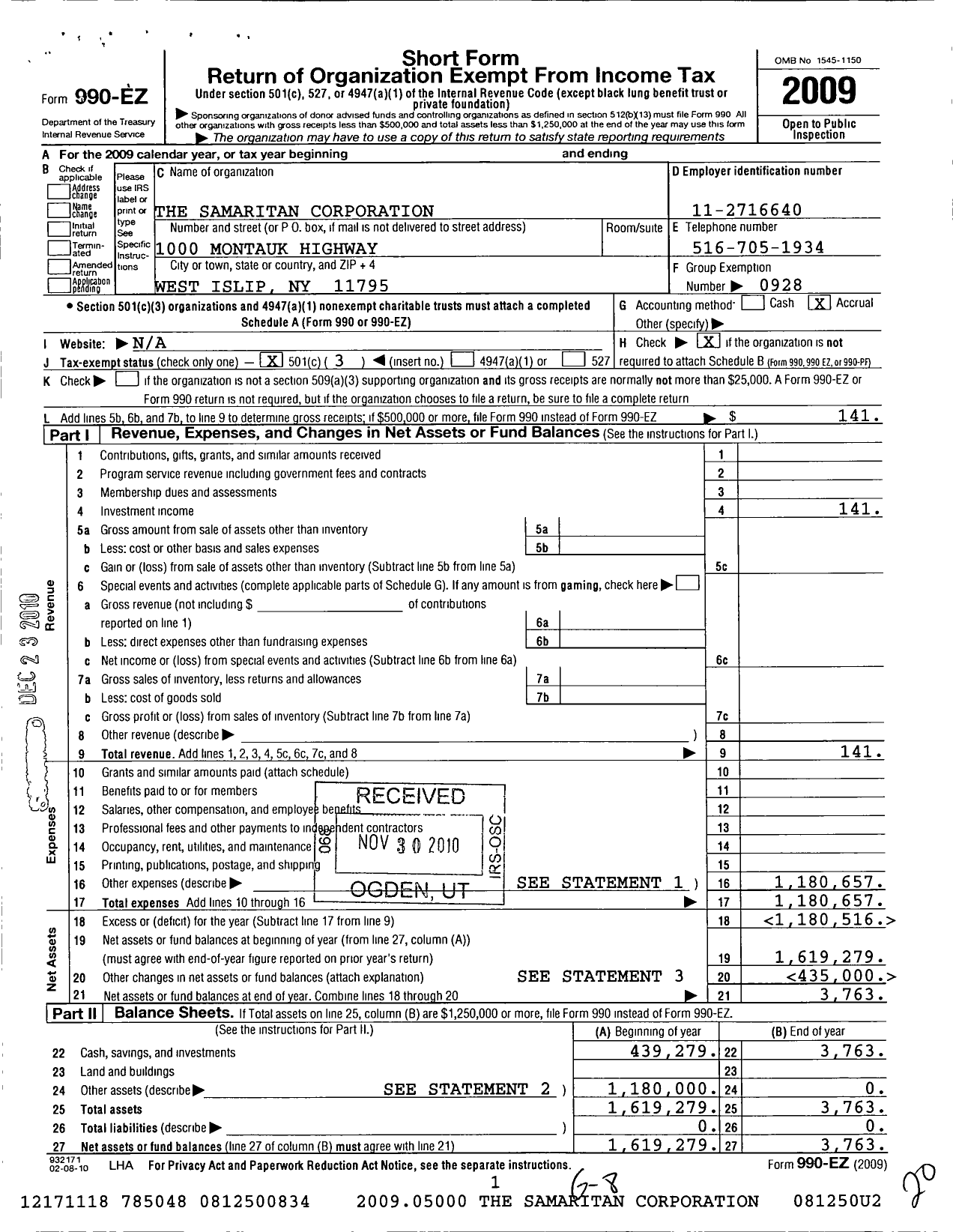 Image of first page of 2009 Form 990EZ for The Samaritan Corporation