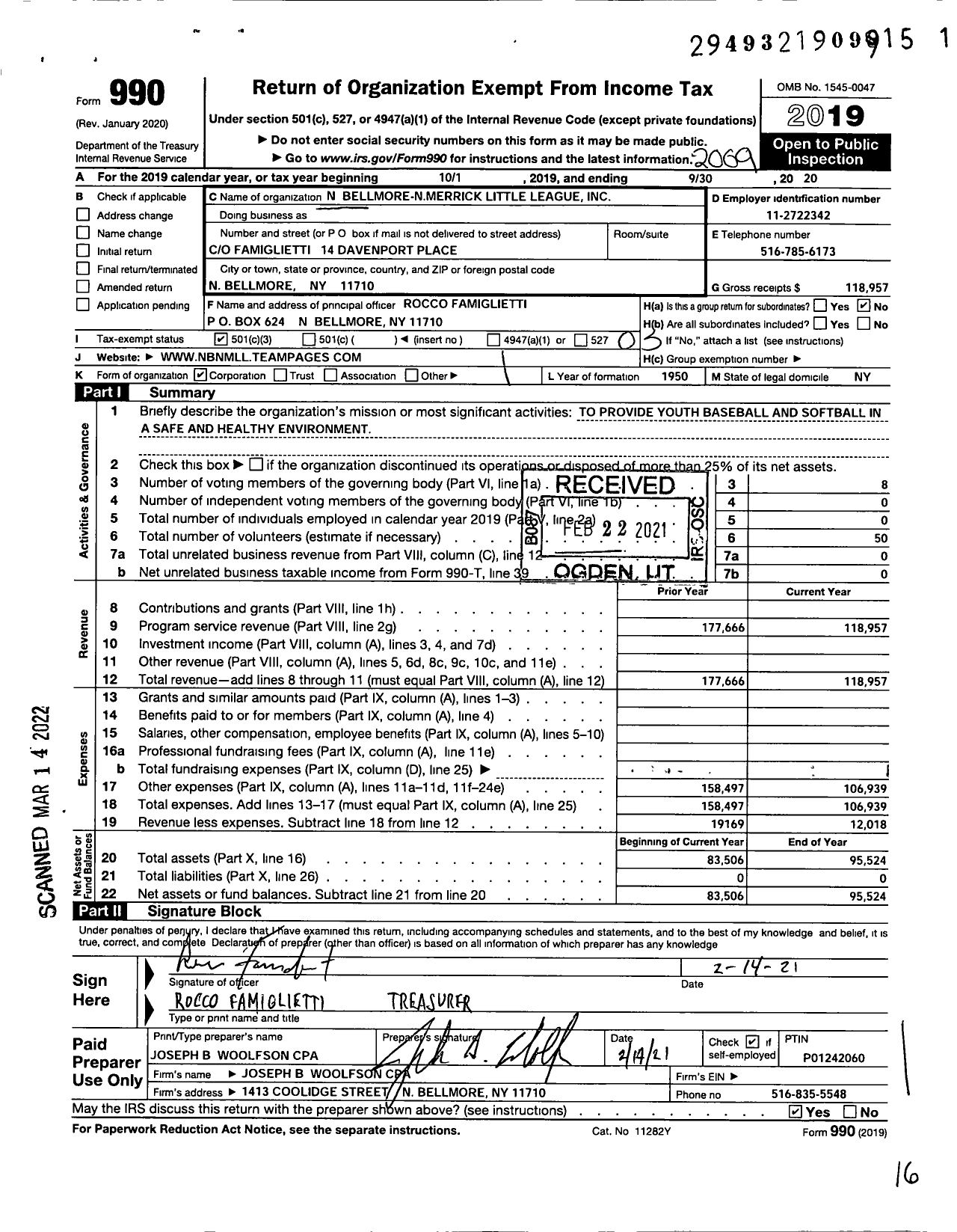 Image of first page of 2019 Form 990 for North Bellmore-North Merrick Little League