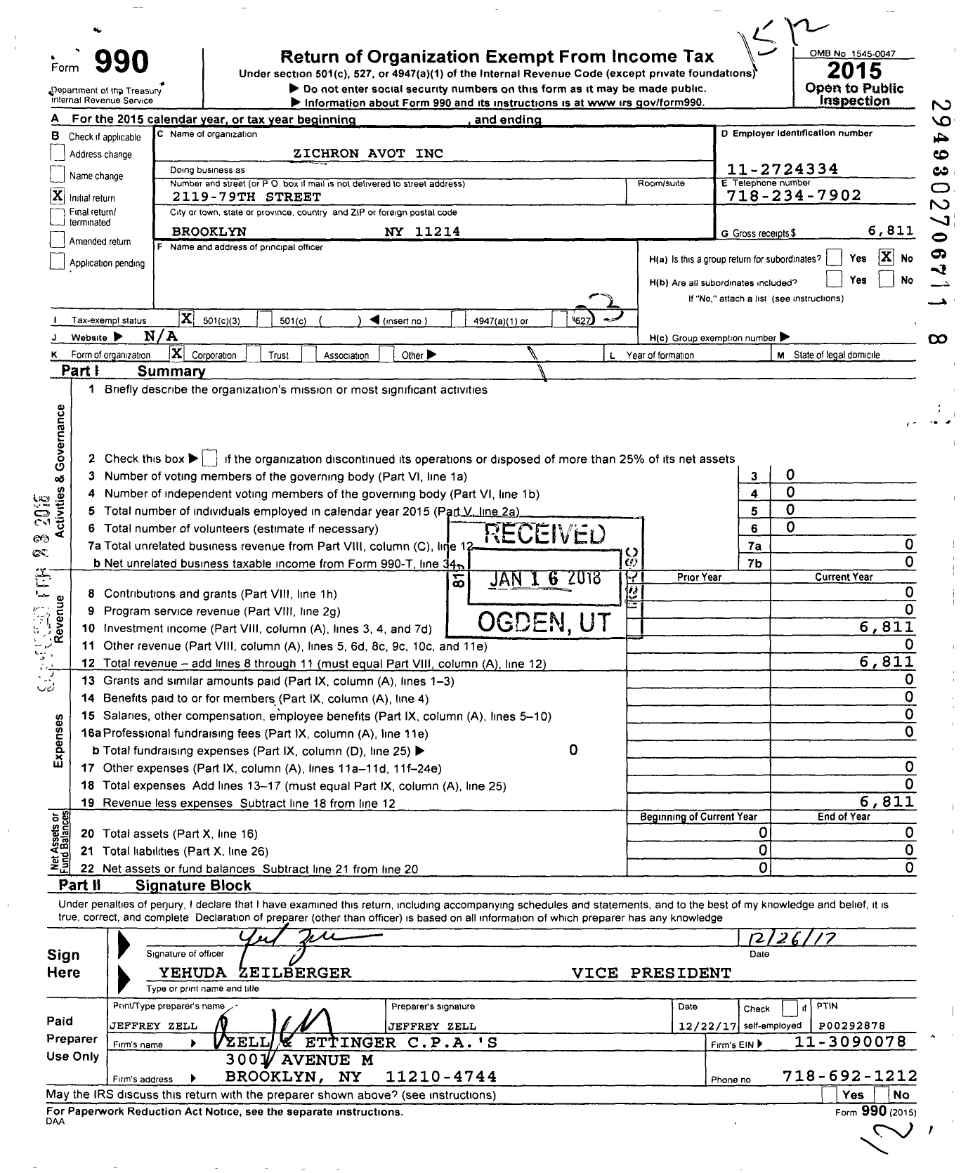 Image of first page of 2015 Form 990 for Zichron Avot