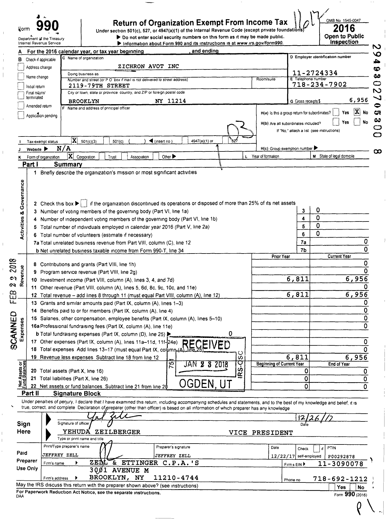 Image of first page of 2016 Form 990 for Zichron Avot