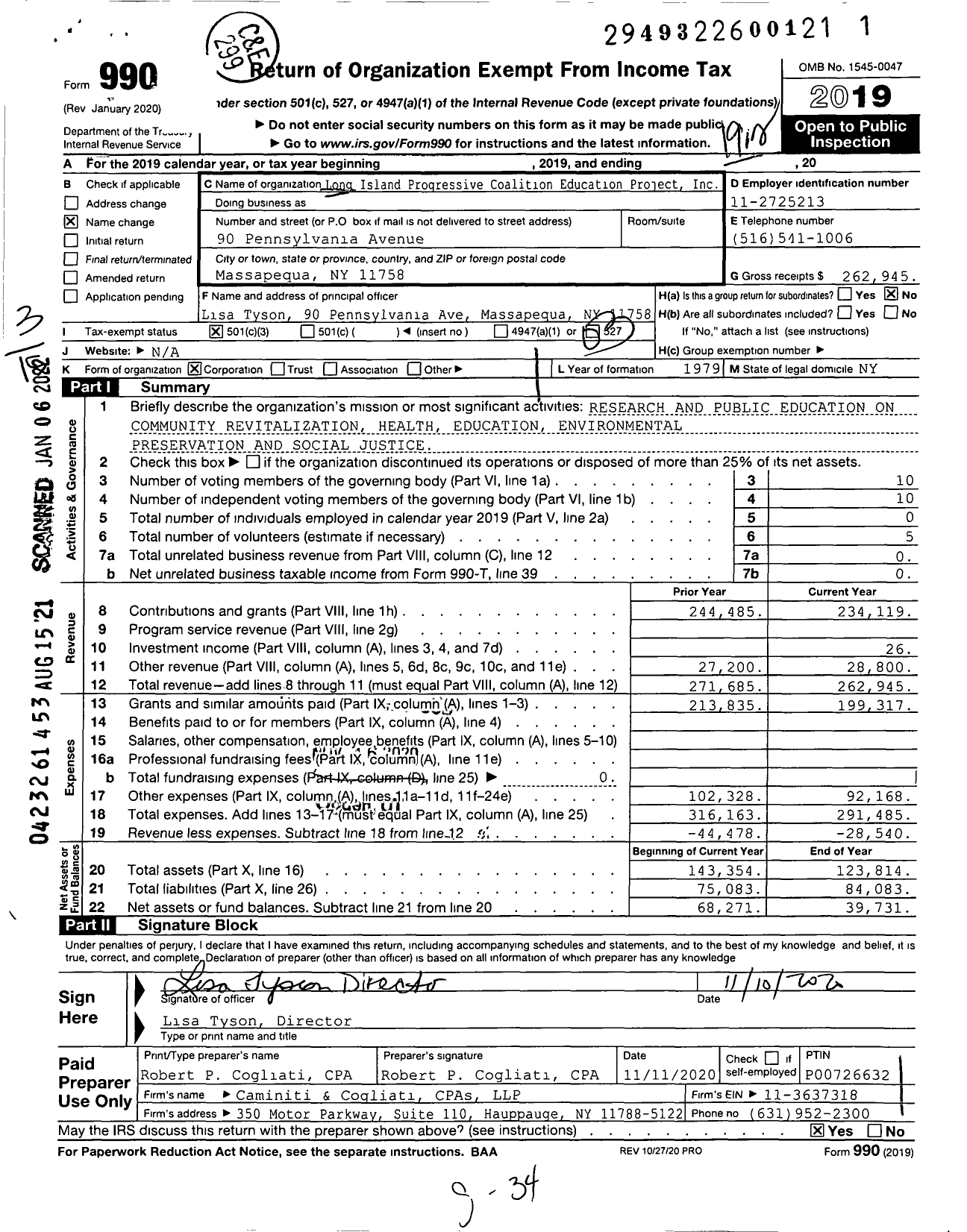 Image of first page of 2019 Form 990 for Long Island Progressive Coalition Education Project