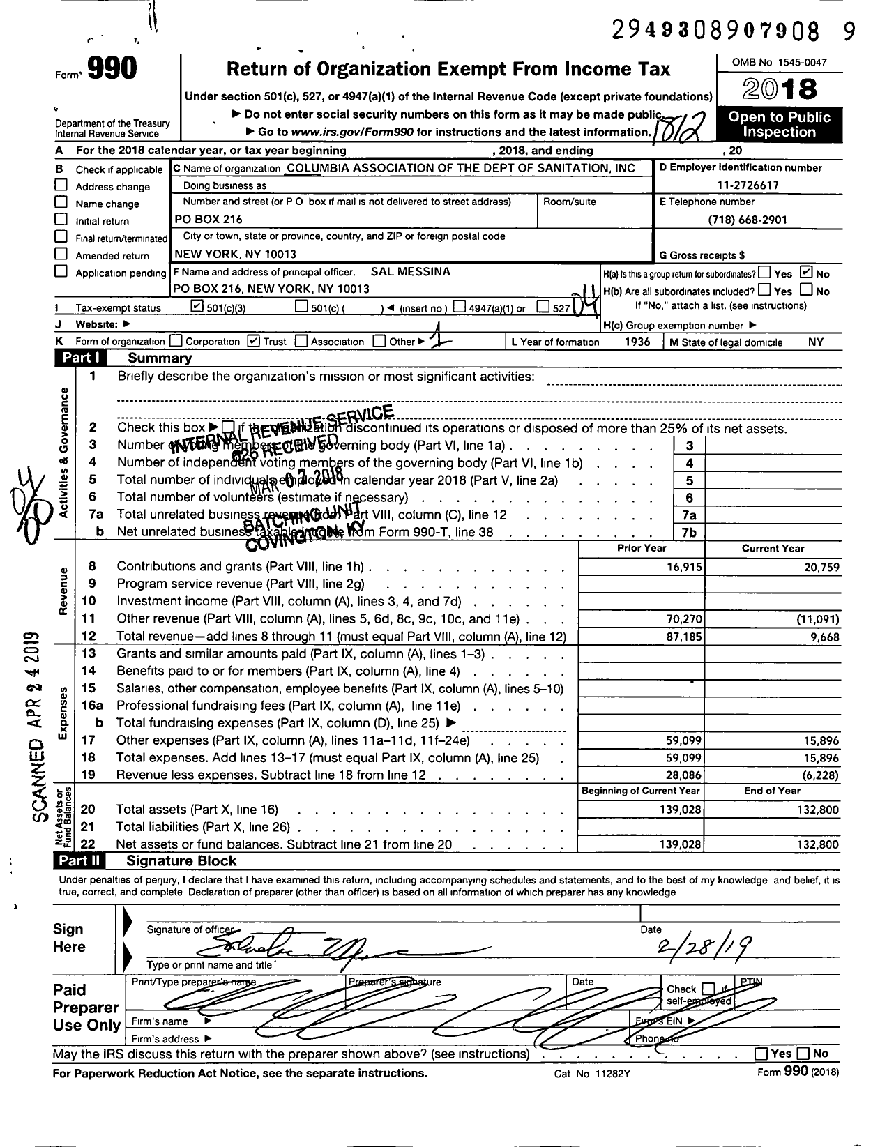 Image of first page of 2018 Form 990O for Columbia Association Department of Sanitation - City of New York