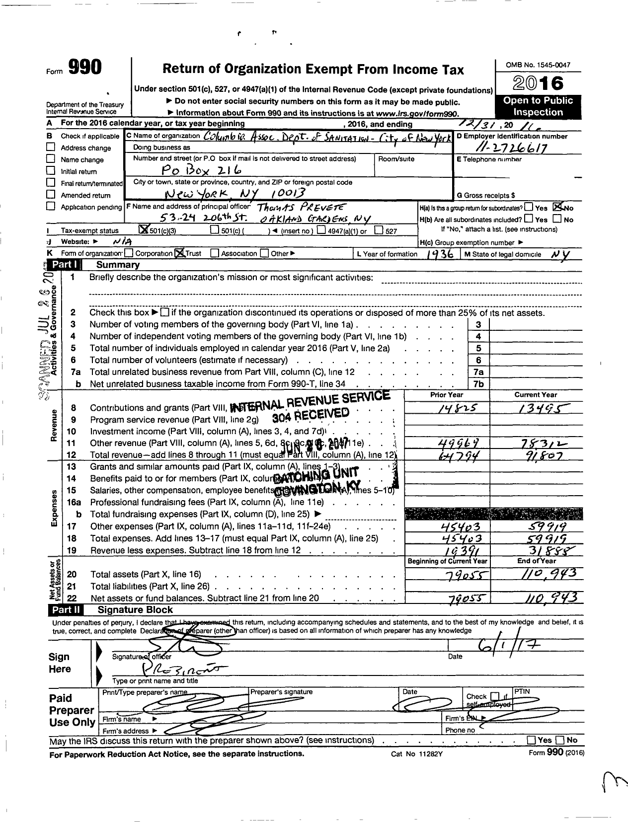 Image of first page of 2016 Form 990 for Columbia Association Department of Sanitation - City of New York